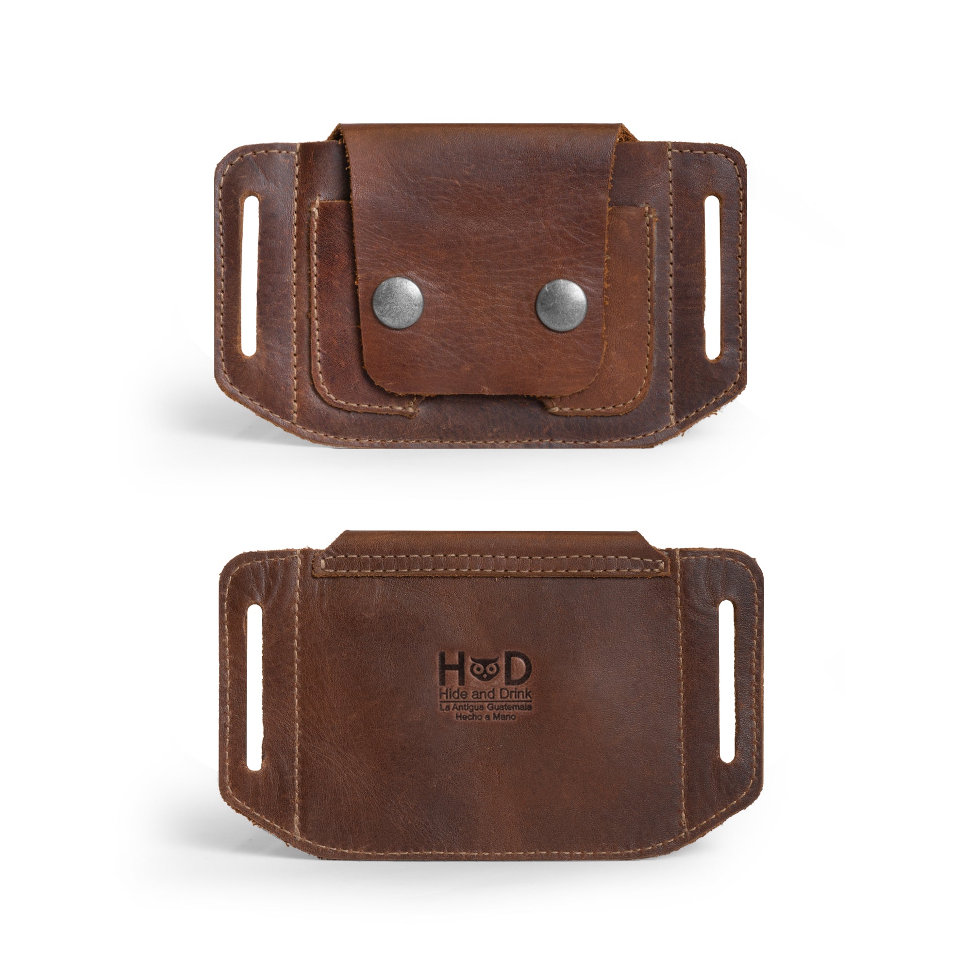 Back view of the Hide & Drink Tactical Card Holder, emphasizing its robust full grain leather and minimalist design. Ideal for efficient card storage, this handmade piece highlights small batch production techniques. Each detail showcases expert hand cut and hand sewn craftsmanship, fire branded for a unique touch. Artisan developed in La Antigua Guatemala & Oaxaca Mexico.