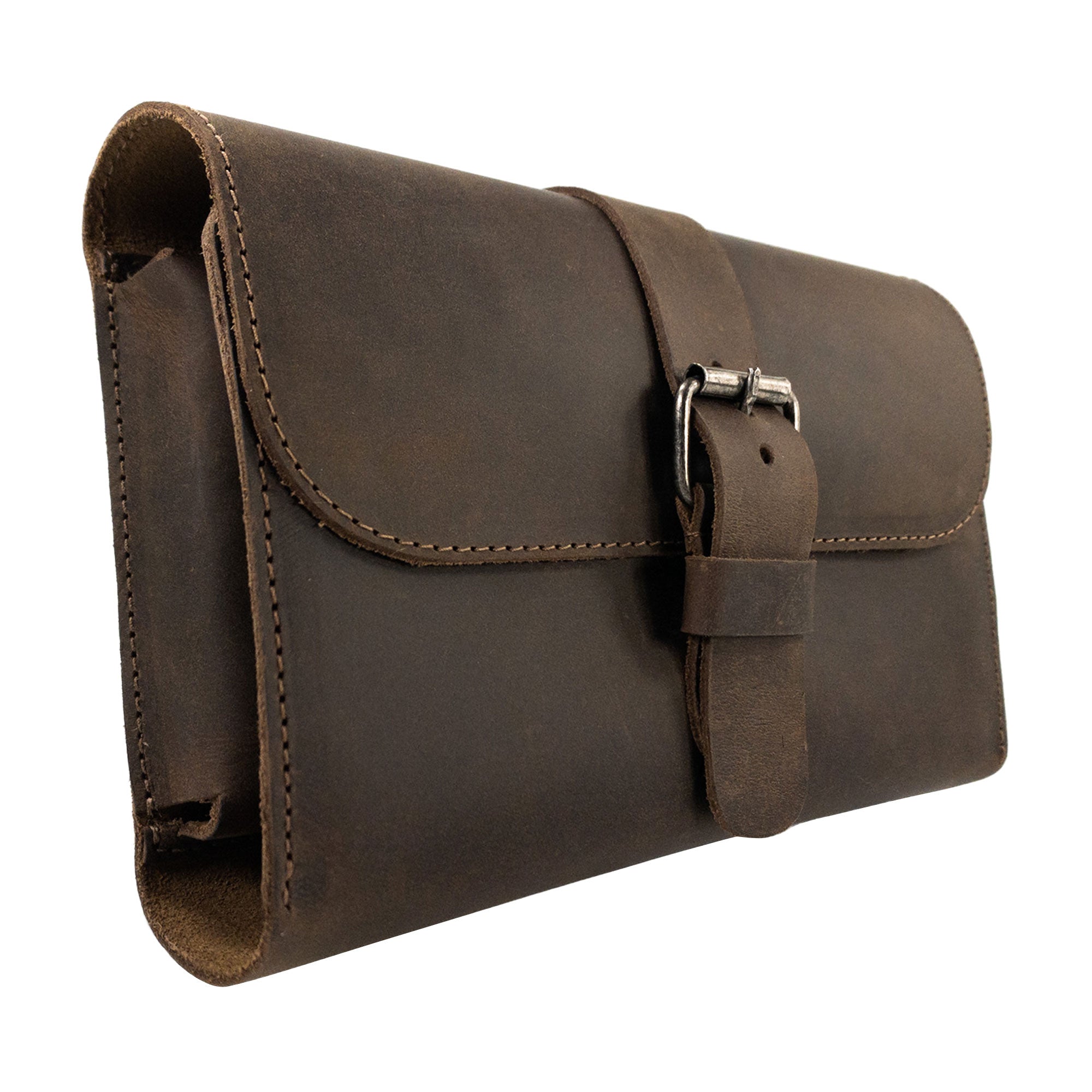Side angle of the Triple Cigar Case by Hide & Drink, highlighting its elegant design and sturdy construction in full grain leather. Handmade in La Antigua Guatemala, this rustic accessory reflects small batch production and artisan quality.