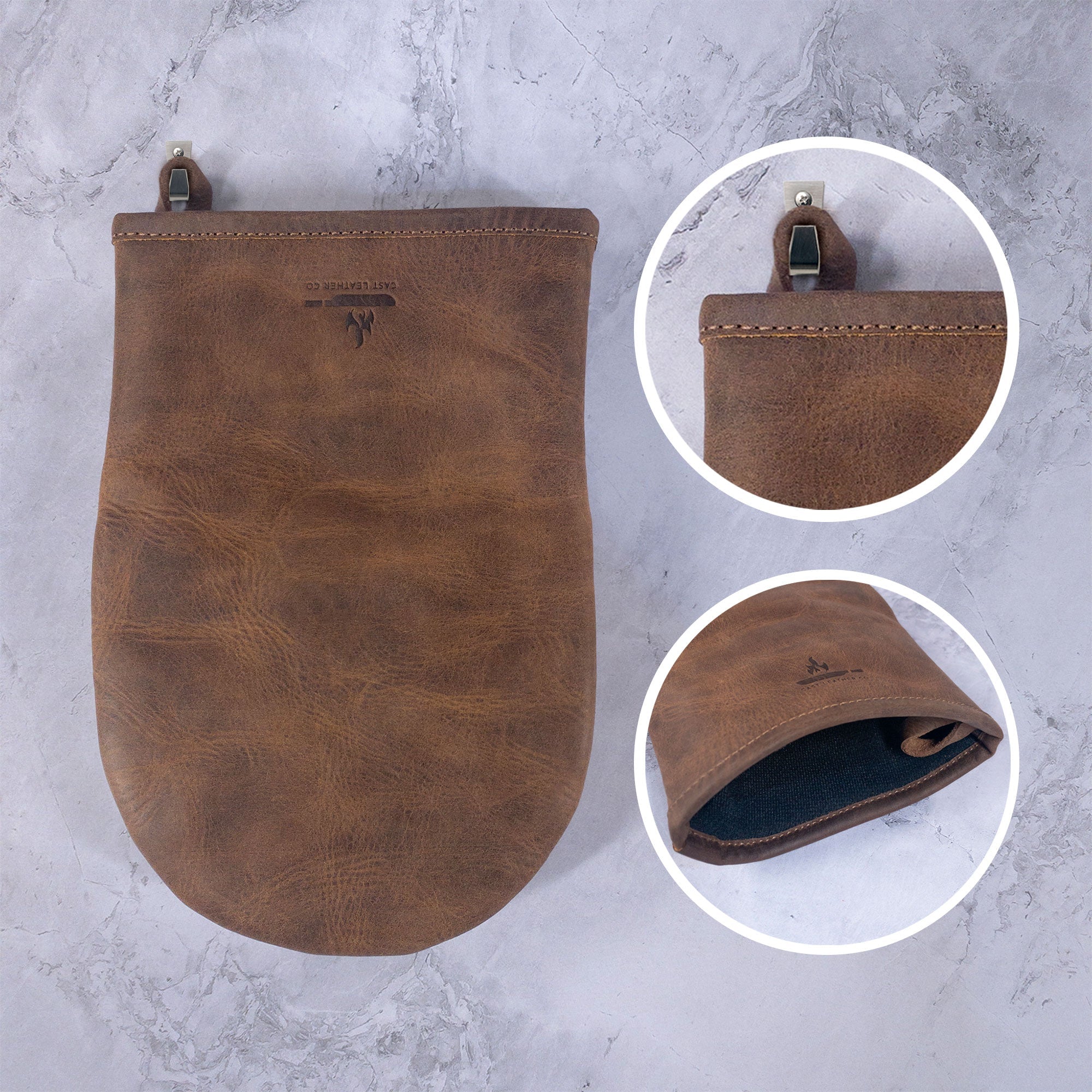 Close-up details of the Cast Leather Co. Dual-Hand Leather Oven Mitt, showcasing its unique and rustic design. This heat-resistant oven glove is handmade and fire branded, providing excellent hand protection for baking and cooking. Each piece is crafted in small batches using full grain leather in La Antigua Guatemala & Oaxaca Mexico.