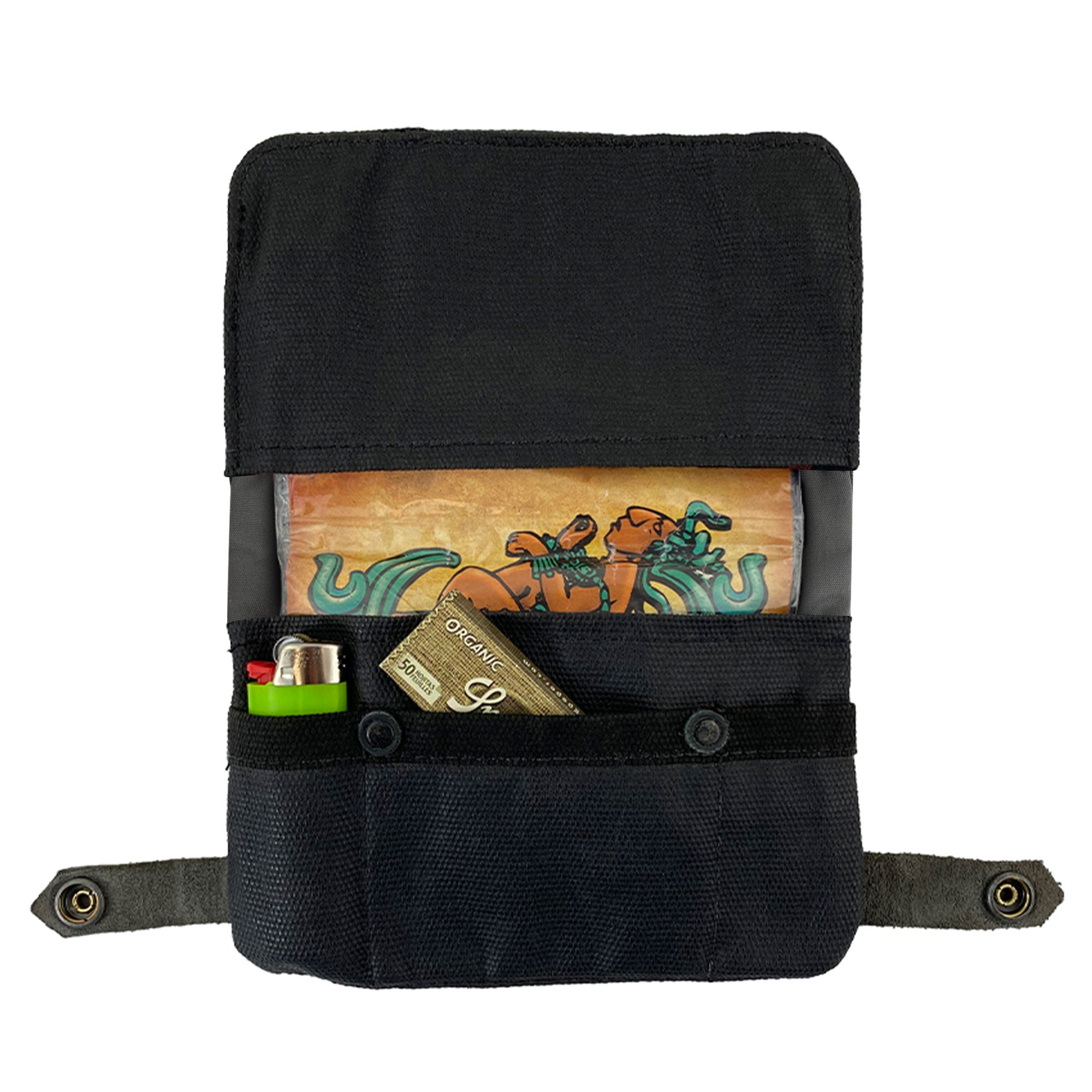 Interior layout of the black Hide & Drink Tobacco Pouch Waxed Canvas revealing storage for tobacco and accessories. A practical travel essential, it reflects the artistry and quality of small batch production.