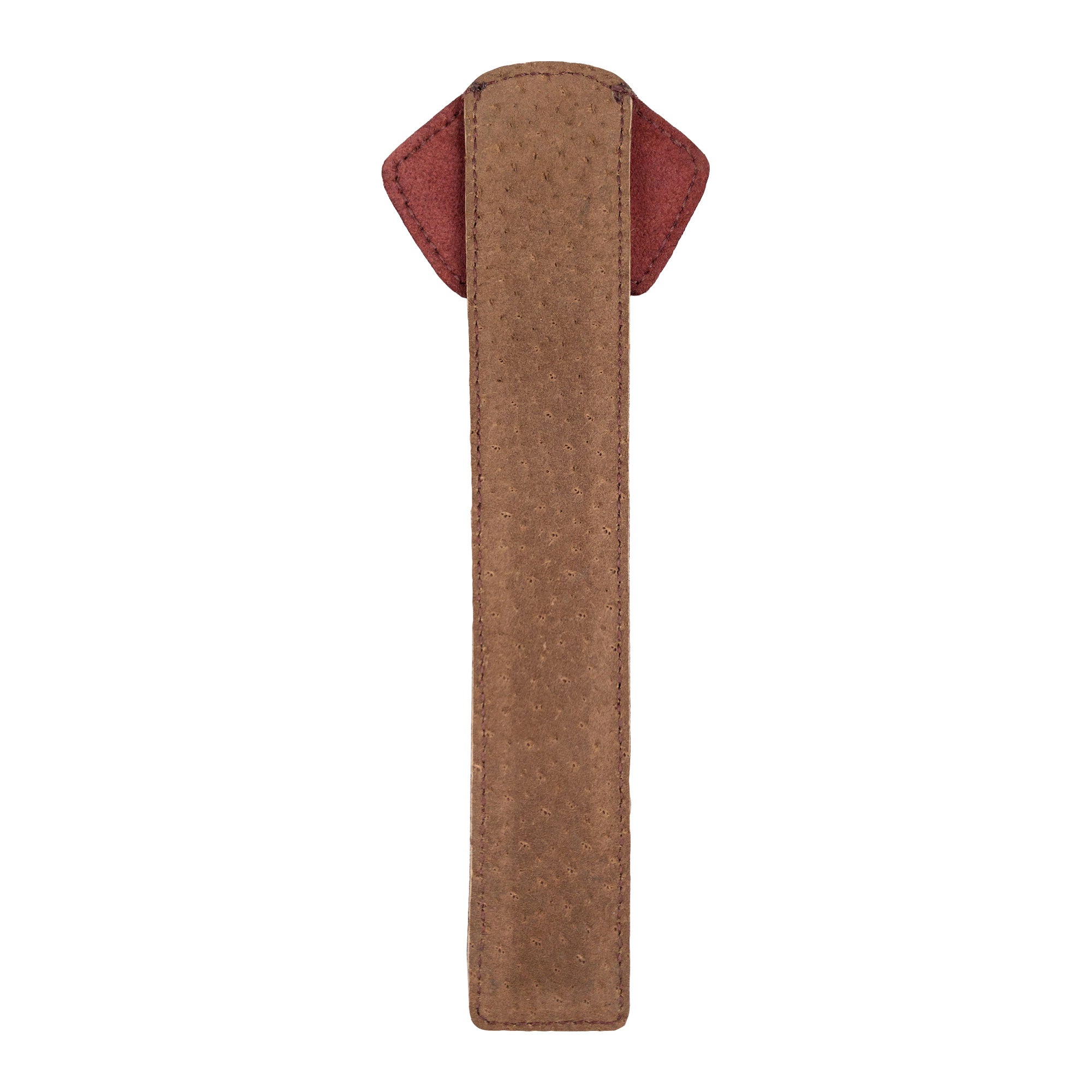 The back of Hide & Drink's burgundy Dog Bookmark, made from Full Grain Leather. This artisanal bookmark showcases small batch production techniques and fire branding, proudly created in La Antigua Guatemala & Oaxaca Mexico.