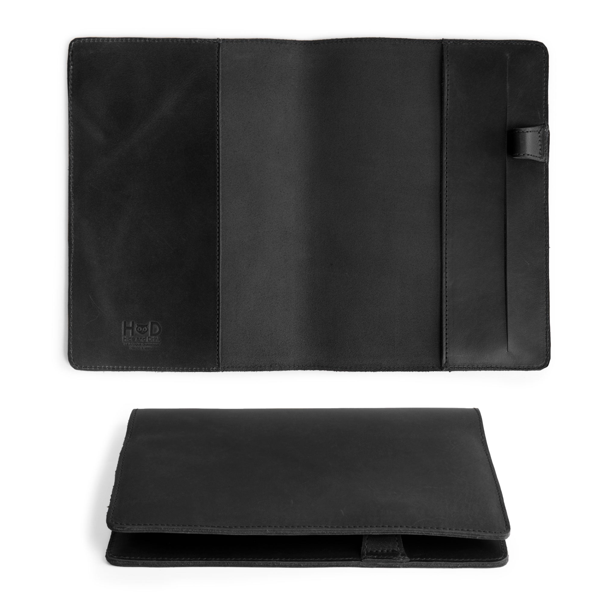 Sleek black version of the Leuchtturm A5 Hardcover Case by Hide & Drink, showcasing the pen holder and interior features. This Case for Hardcover Leuchtturm A5 (5.75 x 8.25 in.) Notebook is a stylish protective cover for your journal or personal planner, made from elegant full grain leather. StockyardX, Small Batch Production, Hand Cut, Hand Sewn, Fire Branded, Artisan, Handmade in La Antigua Guatemala & Oaxaca Mexico.