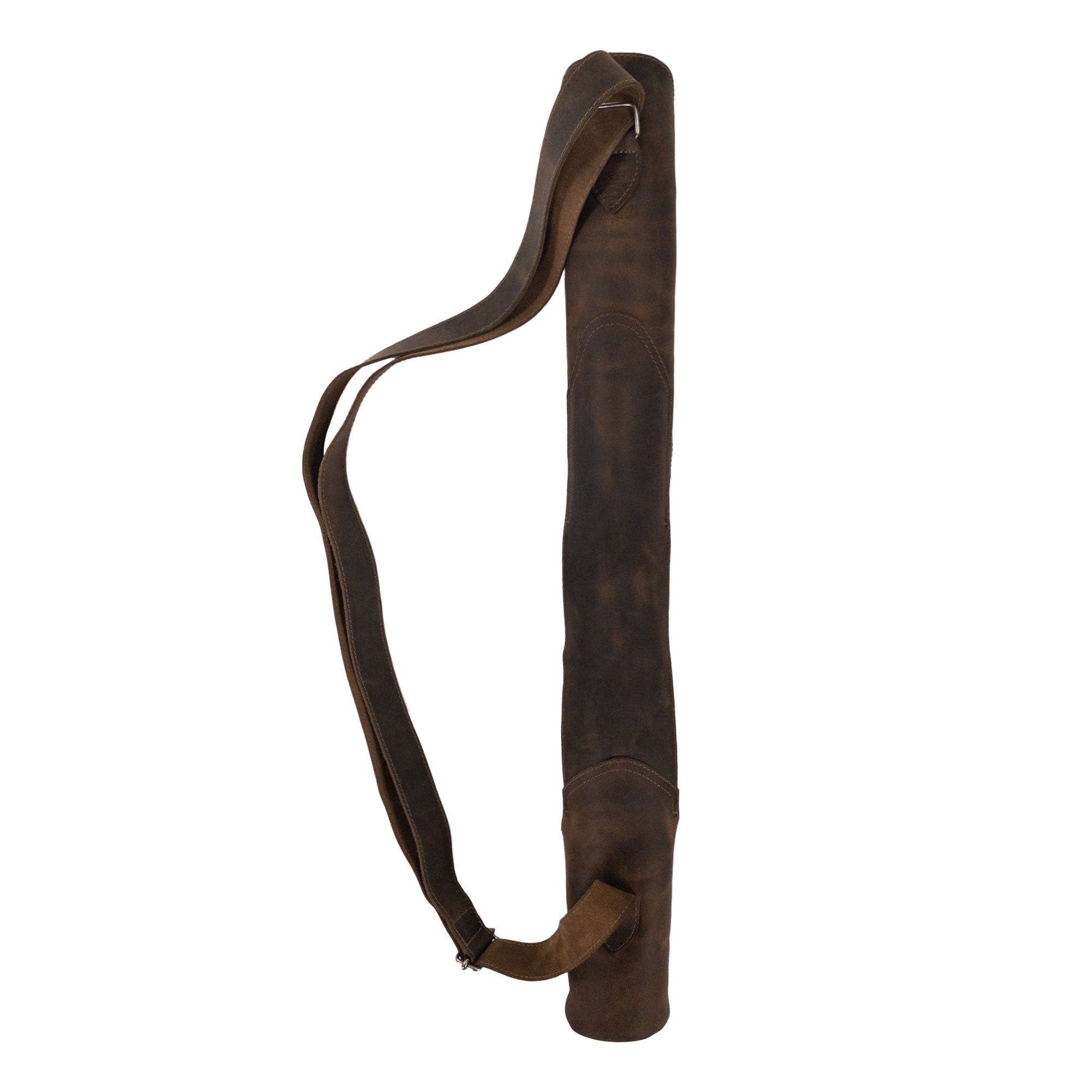 Valhalla Gear Opened Quiver displayed in a side view, highlighting the Opened Back Quiver with Adjustable Strap made from durable Full Grain Leather. This product is a result of Small Batch Production, intricately Hand Cut, Hand Sewn, and Fire Branded, showcasing artisan craftsmanship. Handmade in La Antigua Guatemala & Oaxaca Mexico.