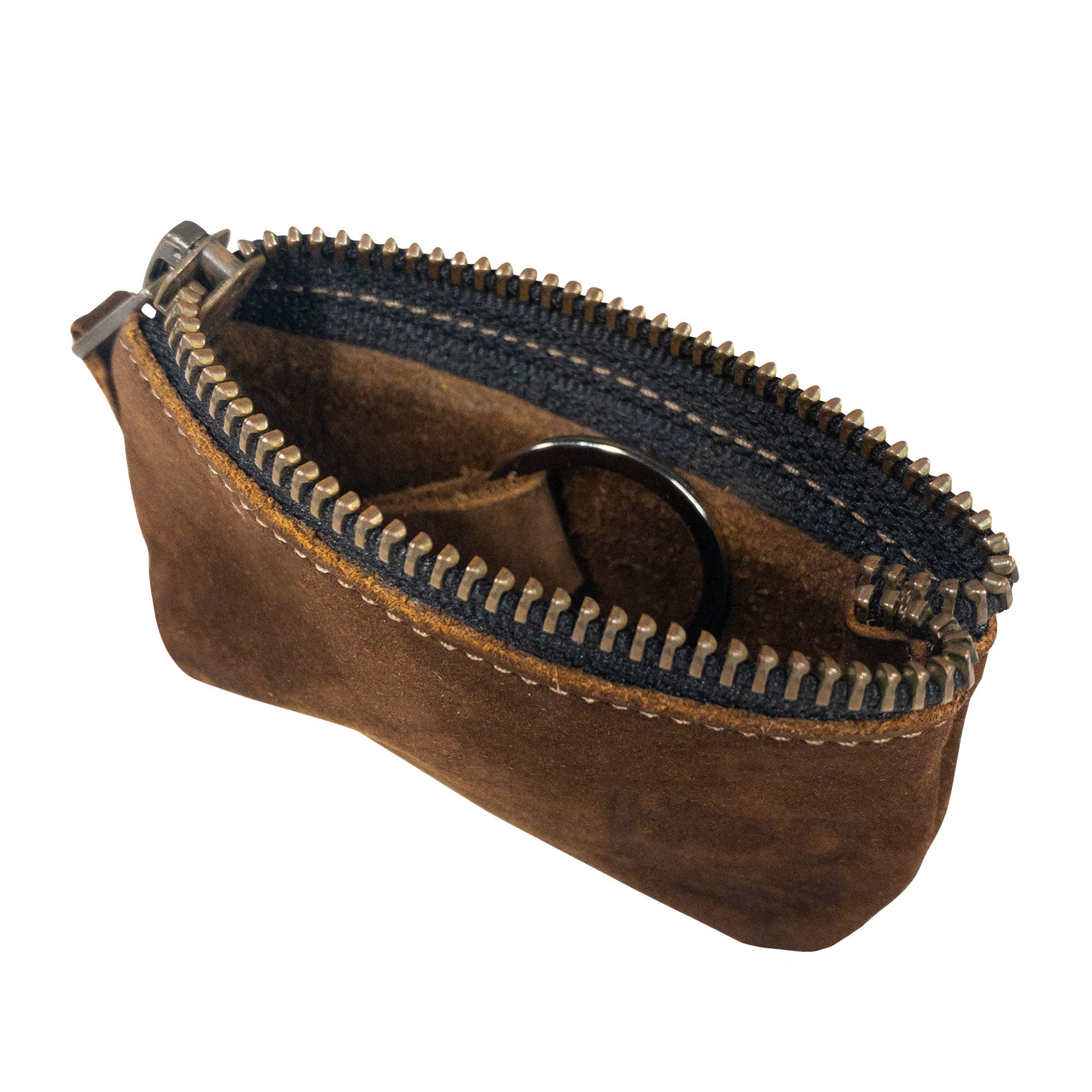 Hide & Drink Key Holder Zippered Pouch detailing interior space, perfect for keys or as a money purse. This zippered pouch made of full grain leather features small batch production craftsmanship in La Antigua Guatemala & Oaxaca Mexico.