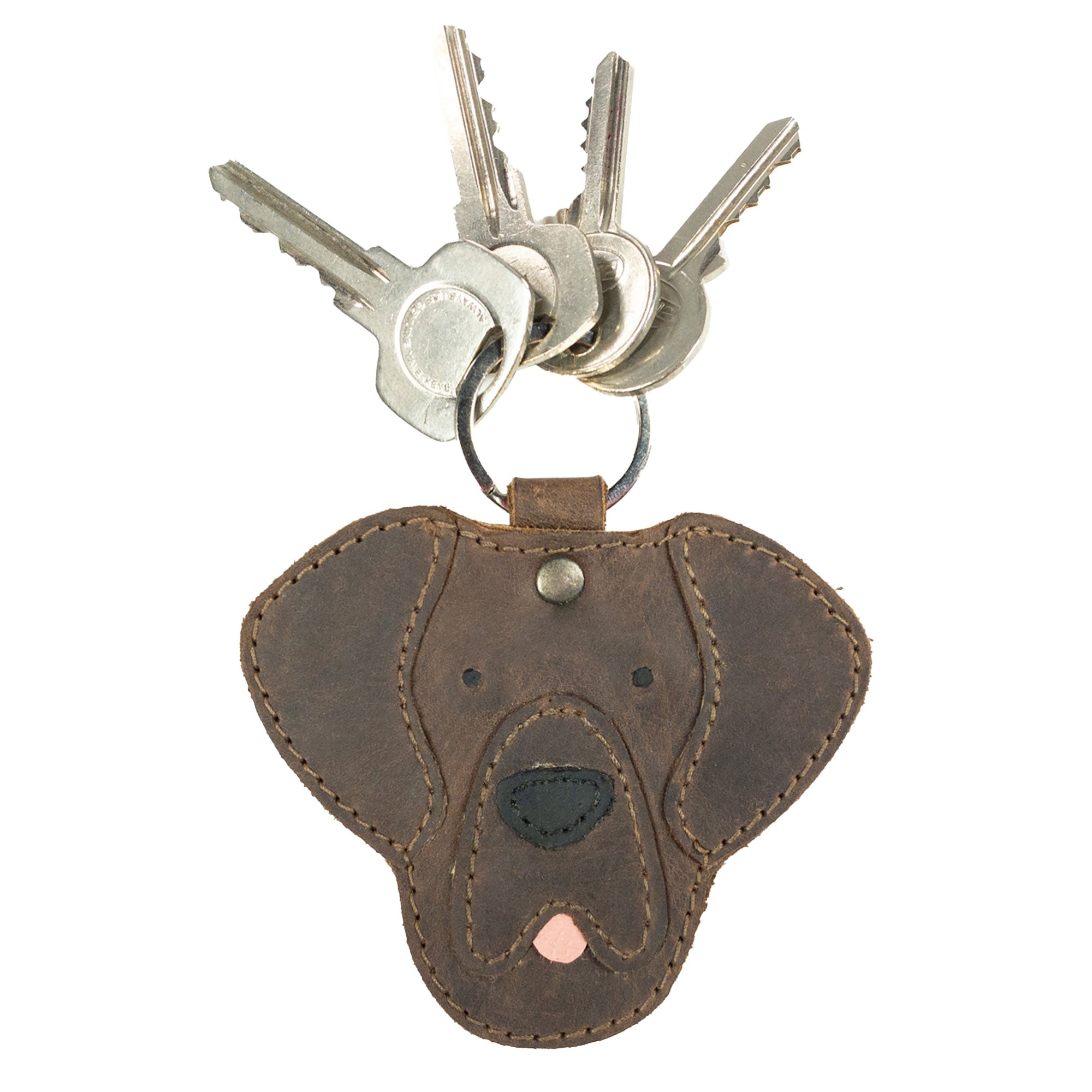 Labrador Dog Critter Keychain by Taco Dog holding keys, displaying its charming design made from Full Grain Leather. This small batch product is artisan-made with intricate hand sewn details, ideal for pet lovers and a great addition for anyone who appreciates handmade items from La Antigua Guatemala.