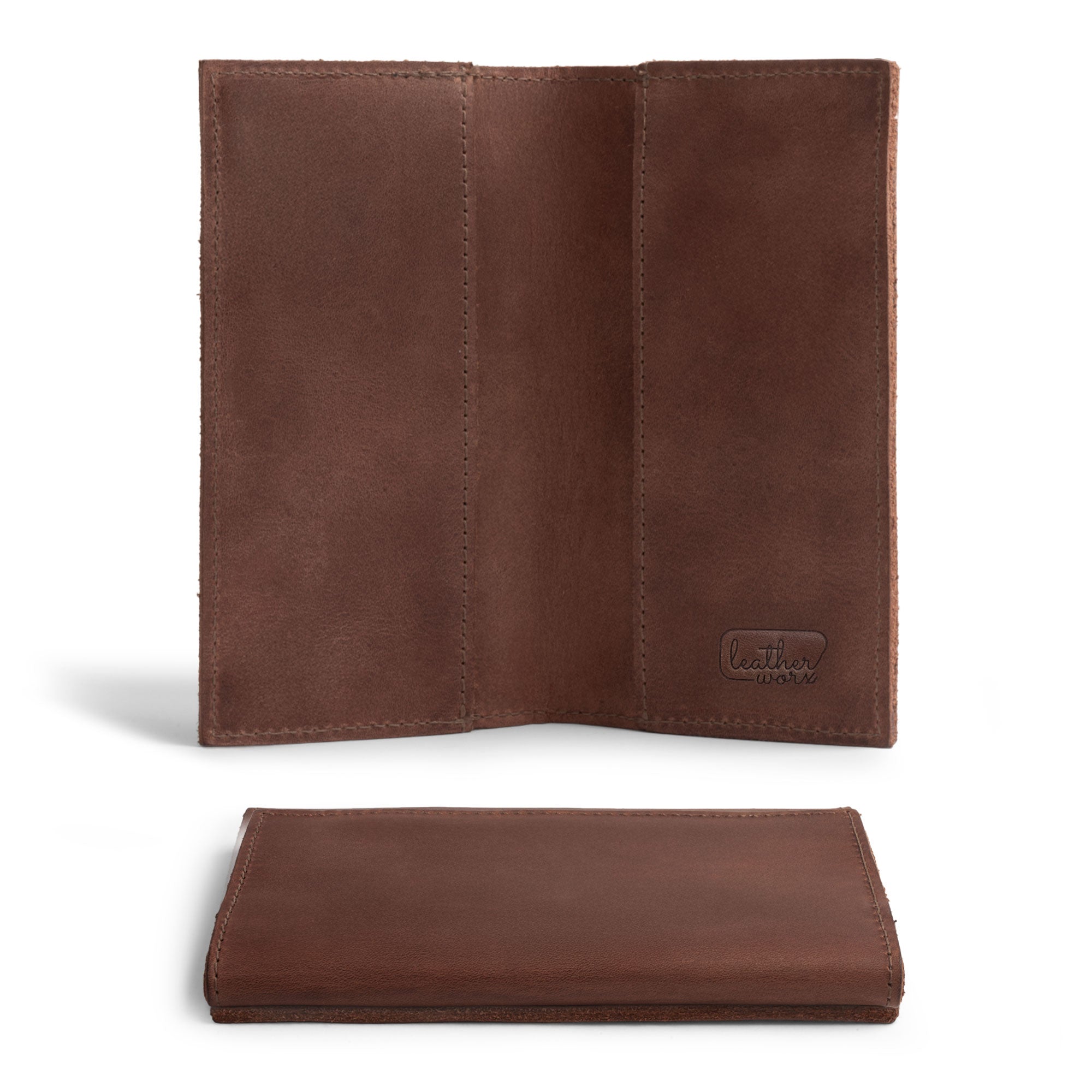 An open view of a Leather Worx checkbook cover, highlighting its full grain leather craftsmanship. This minimalist organizer doubles as a bill holder, perfect for personal or business finances. Each piece is handmade using small batch production methods, making it a unique accessory crafted by artisans in La Antigua Guatemala.