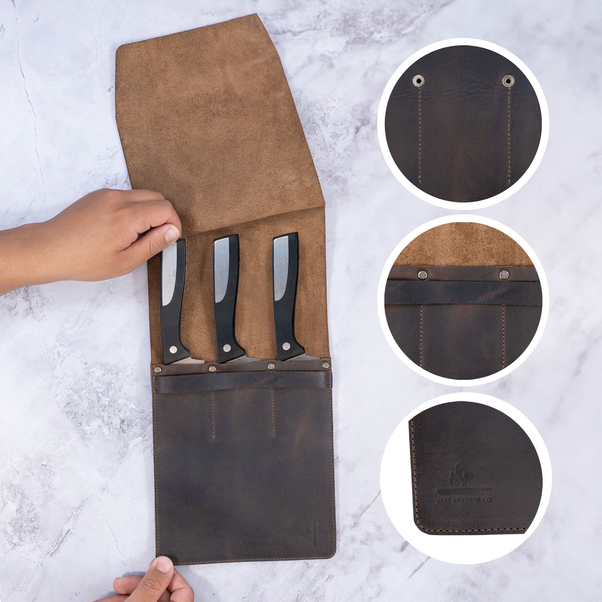 An opened Knife Case with 3 Slots from Cast Leather Co., highlighting three securely placed knives. This knife organizer demonstrates rustic storage for kitchen utensils, crafted from full grain leather with a focus on small batch production, hand-cut, hand-sewn, and fire branded touches. Artisan craftsmanship from La Antigua Guatemala & Oaxaca Mexico.