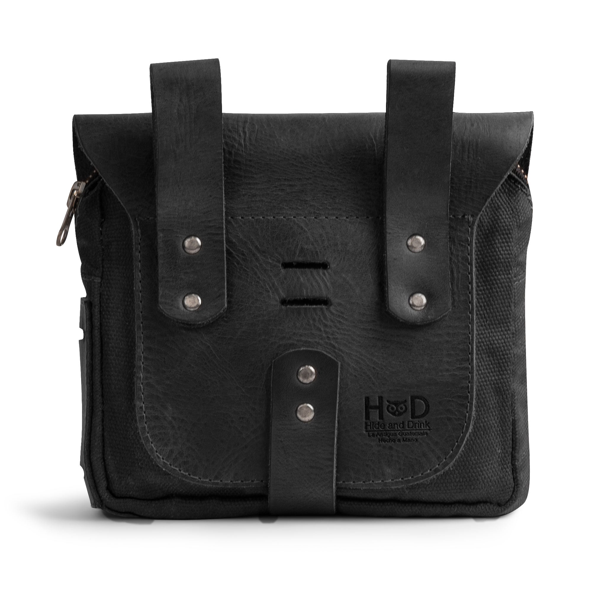 Front view of the Survival Camping Pouch by Hide & Drink highlighting its quality craftsmanship with Water Resistant Waxed Canvas & Full Grain Leather. Perfect for a survival kit, this artisan-made bag is ideal for outdoor essentials.