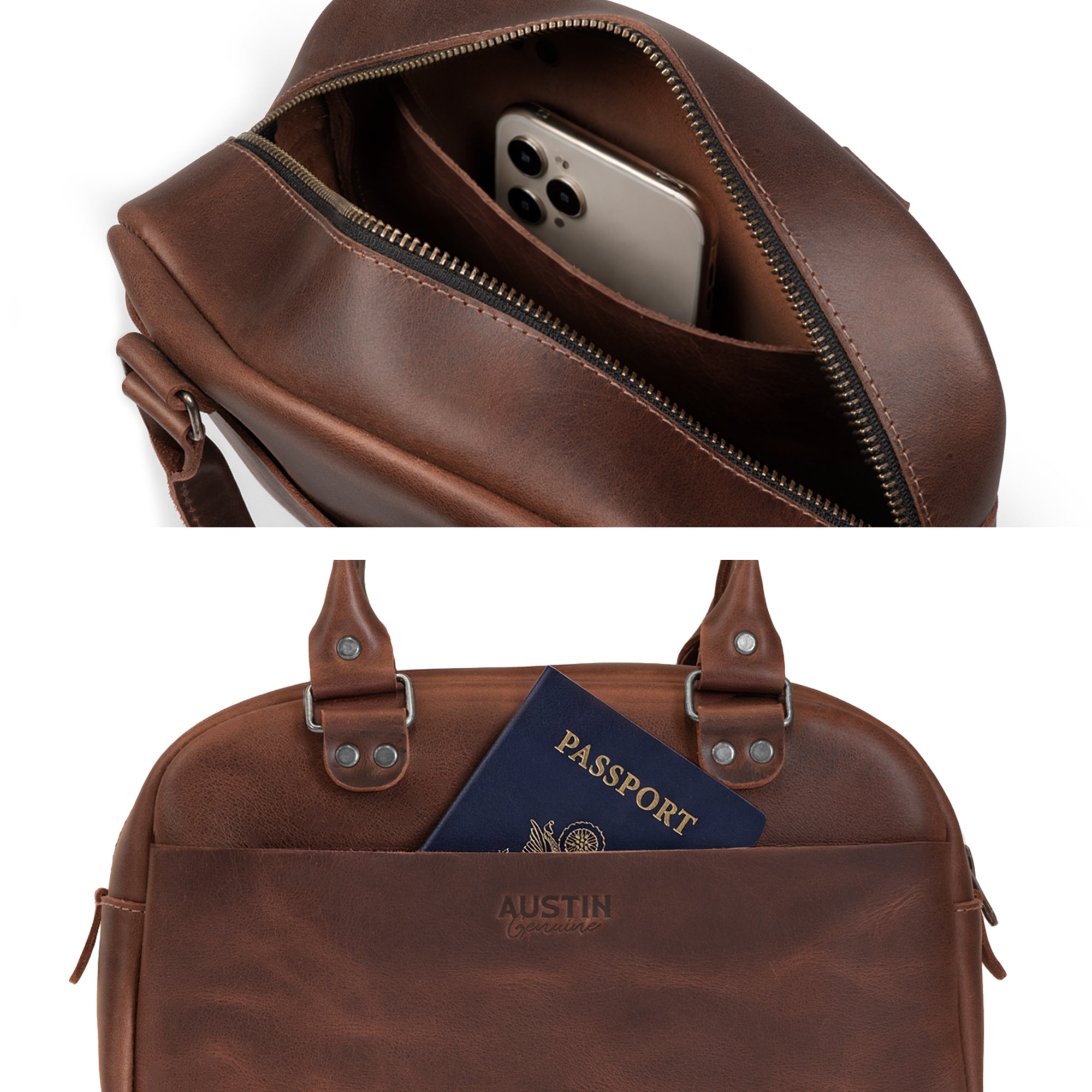 An inside view of The Rainey Handbag by Austin Genuine, highlighting its spacious interior ideal for everyday essentials. Made from Full Grain Leather, this handmade pouch emphasizes Small Batch Production and Hand Cut, Hand Sewn craftsmanship, proudly Fire Branded by artisans in La Antigua Guatemala & Oaxaca Mexico.