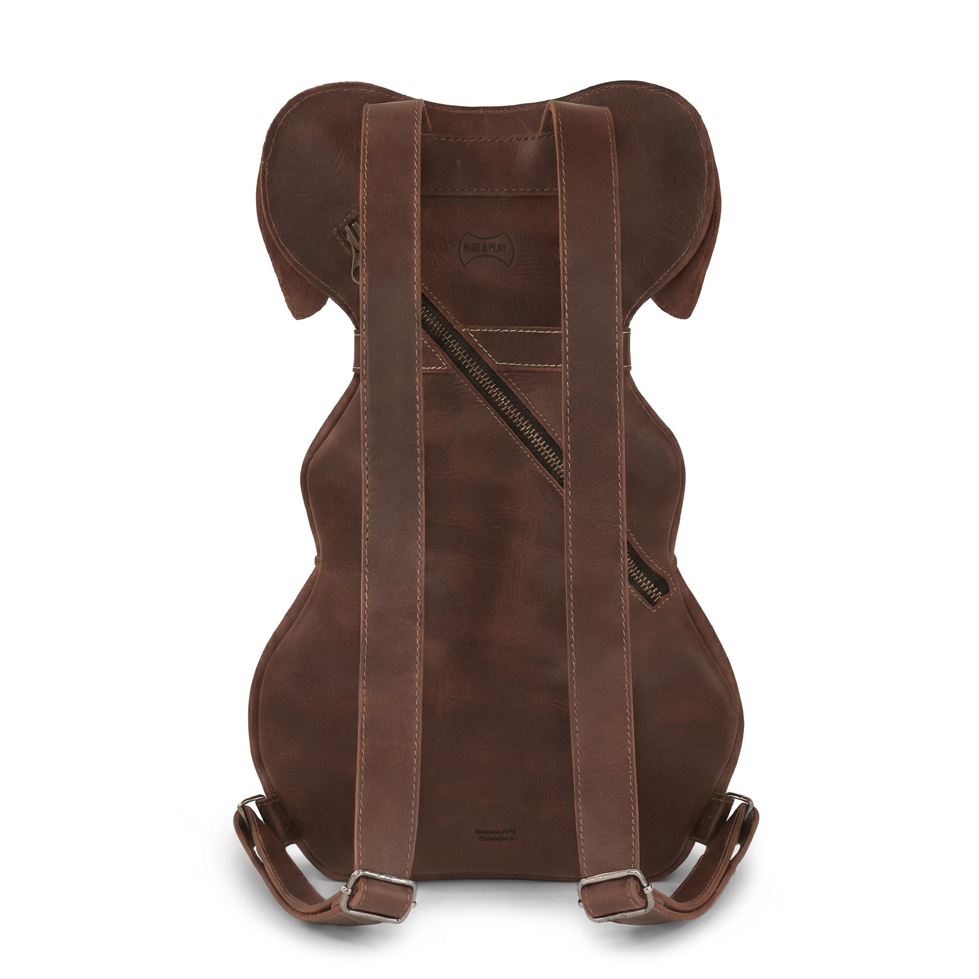 Back view of the Doggy-Shaped Backpack by Hide & Play, showcasing its functional design with adjustable shoulder straps. This leather bag is a great pet lover back bag, crafted from full grain leather and exemplifying small batch production as it is fire branded and handmade by artisans.