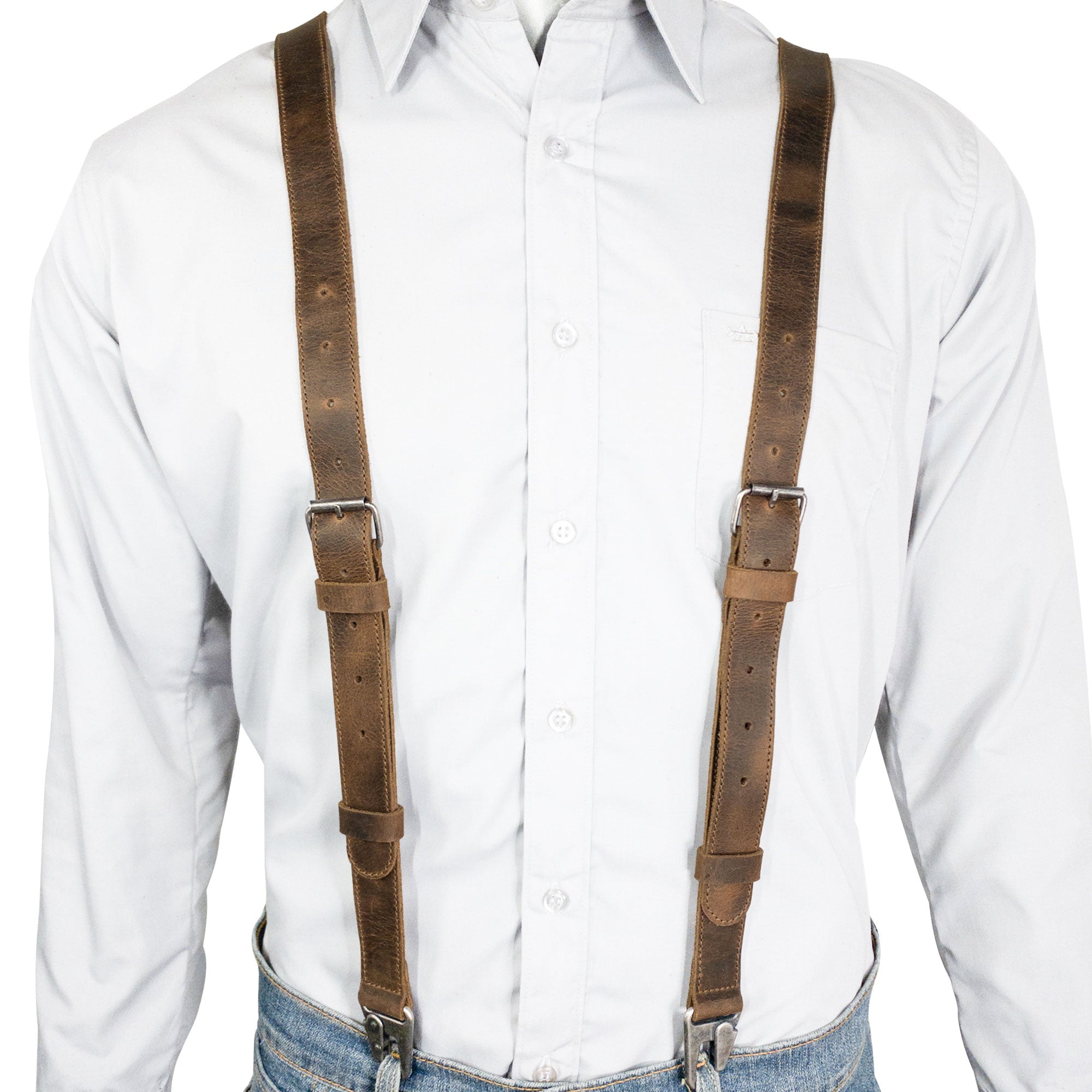 Model wearing Leather Y Back Formal Suspenders from Hide & Groom, highlighting how they fit over a shirt. These Full Grain Leather Y Back Formal Suspenders make a stylish Groom Accessory and provide reliable shoulder support for weddings and events. Each piece is handmade, ensuring quality and uniqueness from artisans.