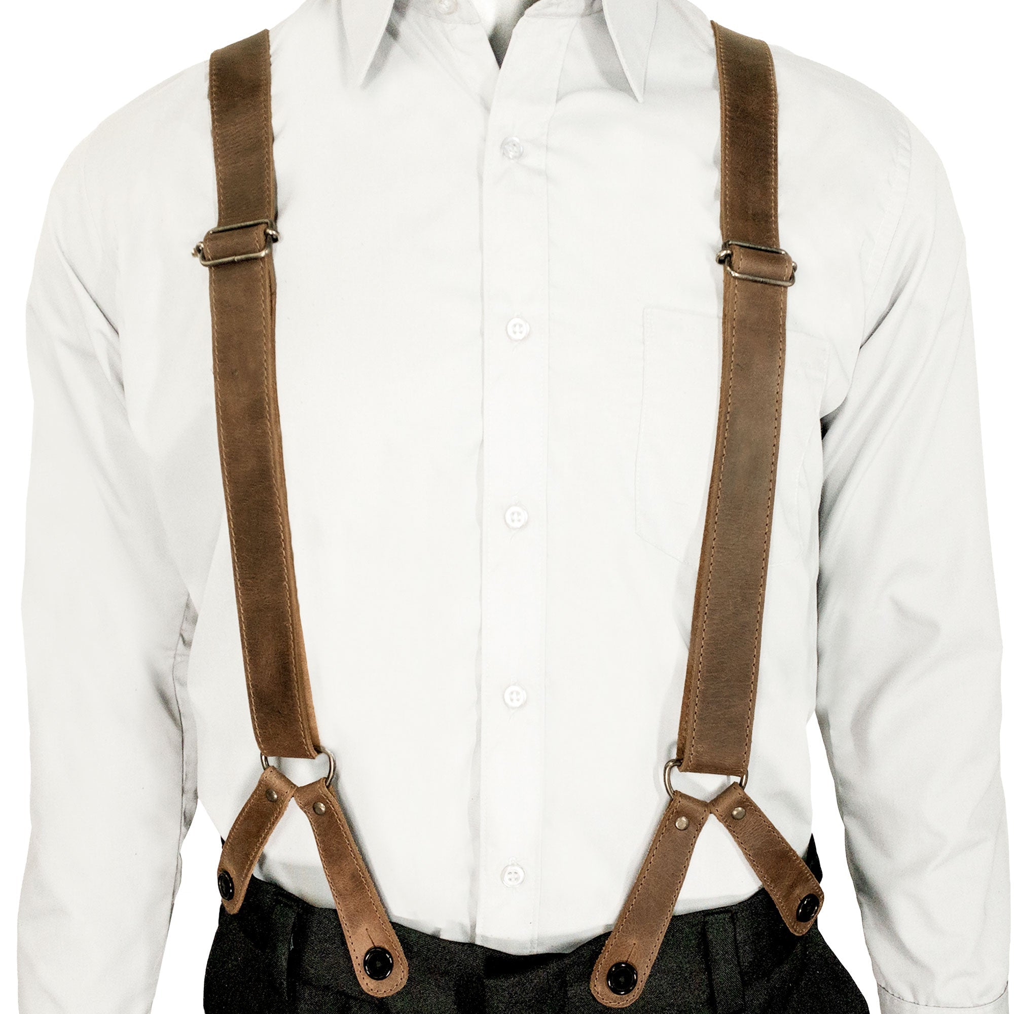 Model wearing Rustic Button End Suspenders by Hide & Groom, ideal for adding style to wedding attire. Made of full grain leather, these suspenders are perfect for groomsmen, best men, bachelors, and are ideal for wedding ceremonies and dinner parties. Artisan craftsmanship with small batch production in La Antigua Guatemala & Oaxaca Mexico.