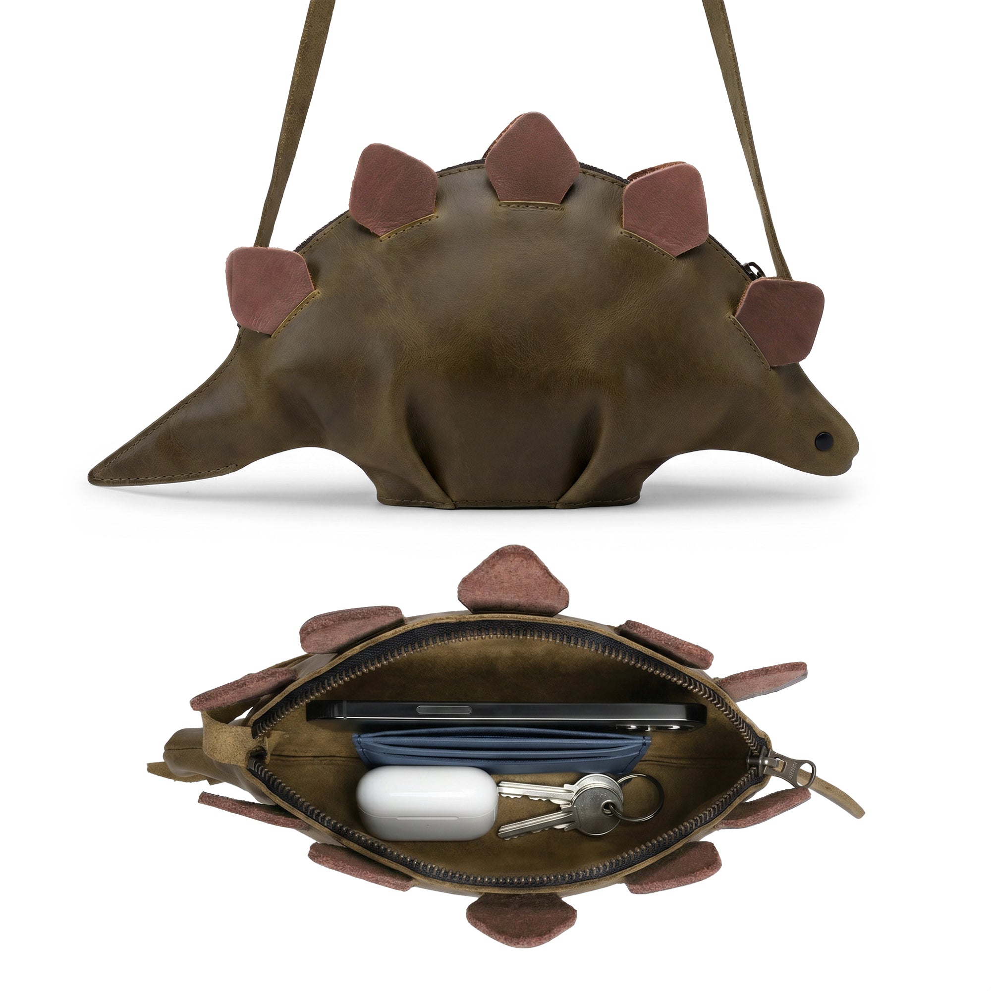 Dinosaur-Shaped (Stegosaurus) Shoulder Bag by Tudi Frudi, crafted from Full Grain Leather, showcasing its unique design as a Crossbody Bag. This stylish and functional Handmade in La Antigua Guatemala & Oaxaca Mexico offers the perfect addition to your collection.