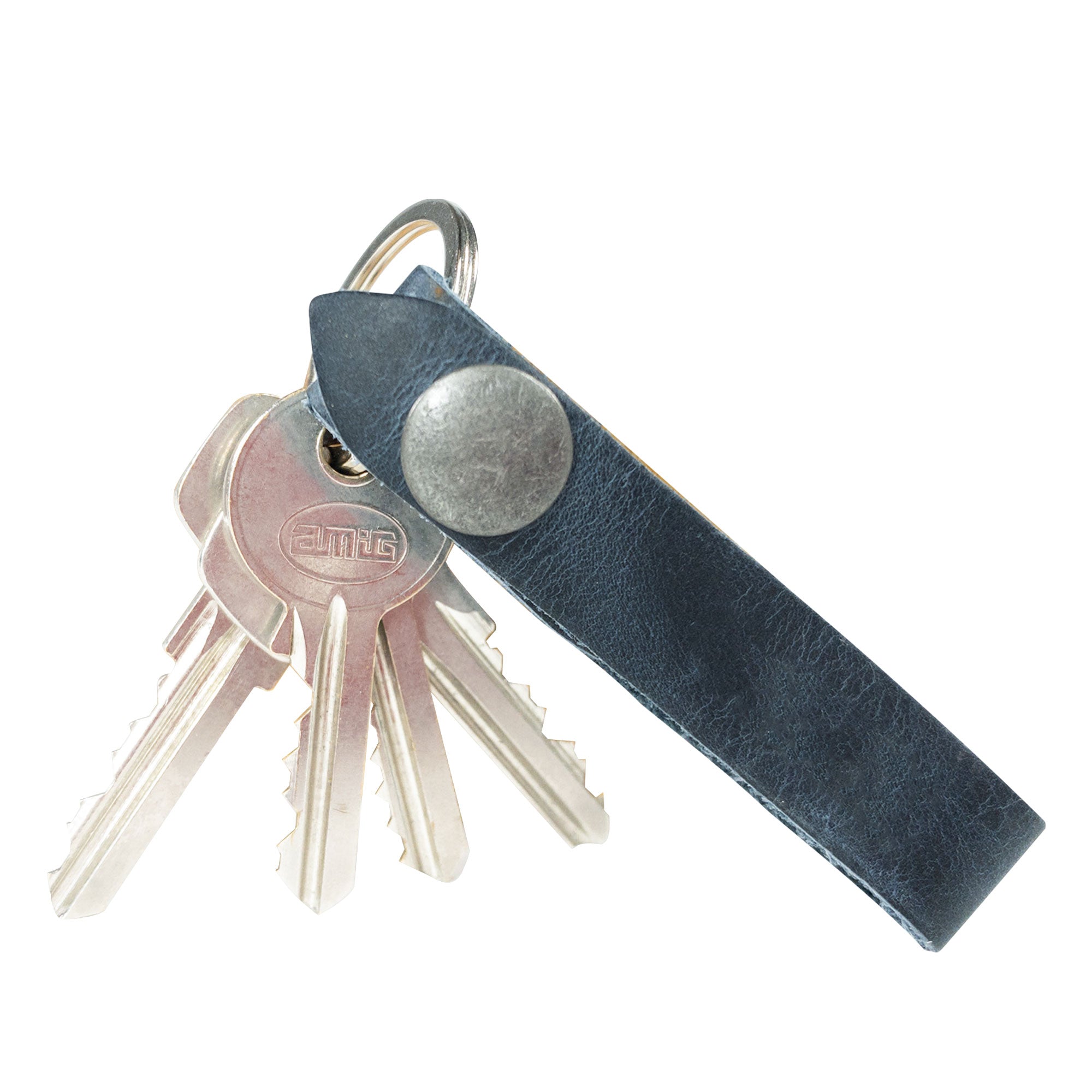 Hide & Drink Loop Keychain showcasing unique artisan details in navy. This keyring organizer is crafted from durable full grain leather, reflecting small batch production techniques in La Antigua Guatemala & Oaxaca Mexico.