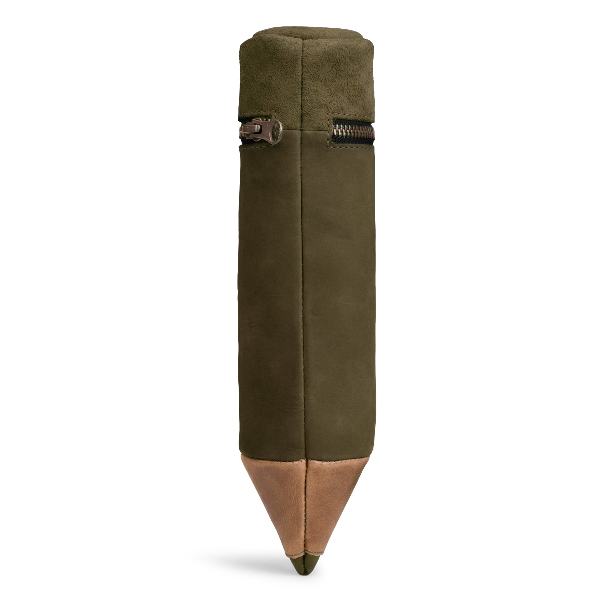 Side view of the Hide & Play Pencil-Shaped Case, a unique accessory for pens, pencils, and markers. This zippered bag, crafted from full grain leather, is ideal for organizing office tools while maintaining a stylish look. Experience artisan quality with handmade production from La Antigua Guatemala & Oaxaca Mexico.