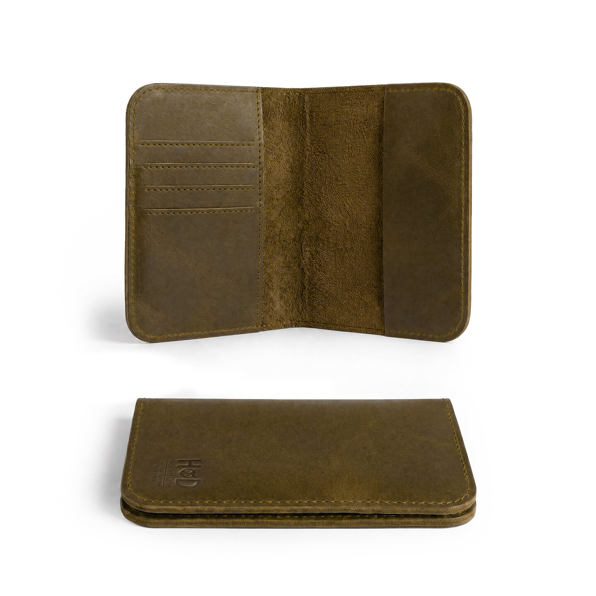 Open interior view of the Hide & Drink Travel Wallet revealing card slots and cash sections. This travel wallet serves as a functional bifold passport case, artisan-crafted in La Antigua Guatemala.