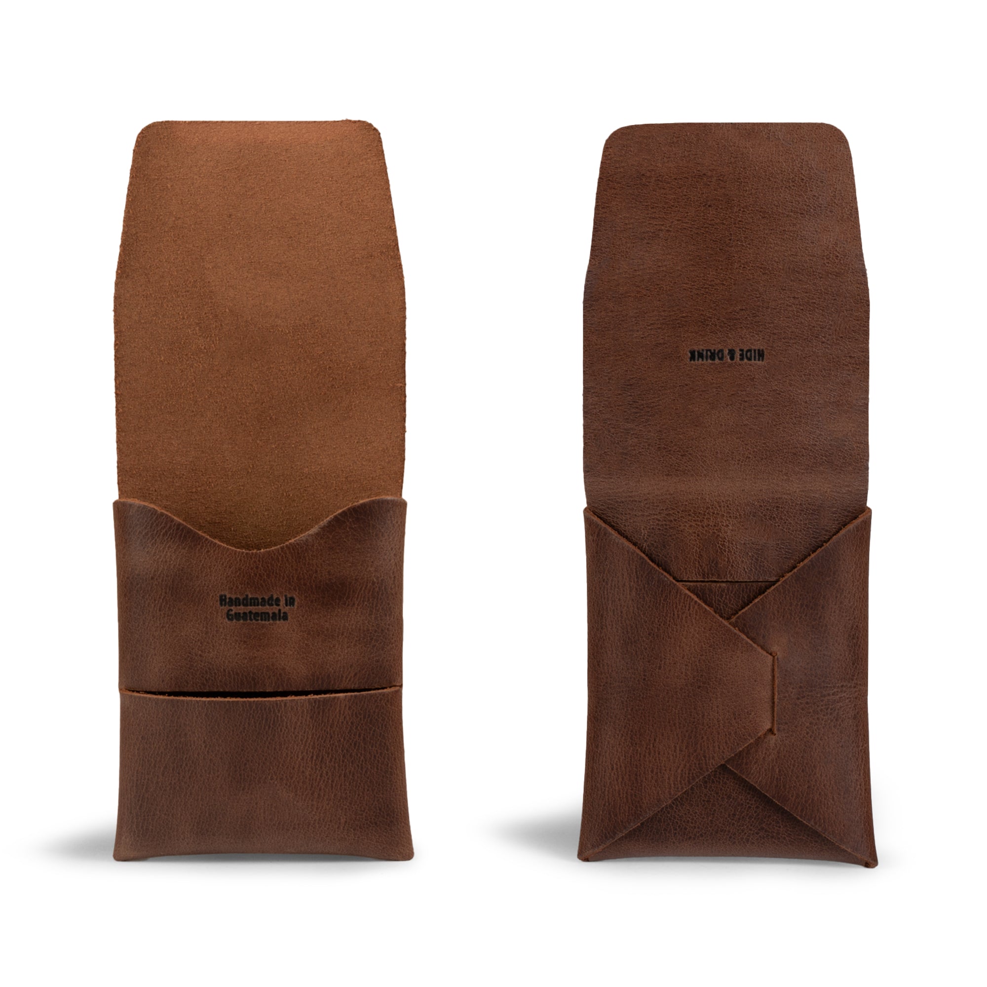 The interior view of the Origami Card Wallet by Hide & Drink, displaying its spacious design for cards and cash. This Handmade in La Antigua Guatemala & Oaxaca Mexico wallet is a perfect Leather Origami Card Holder, functioning as a Slim Wallet for Cards and Front Pocket Case for Debit & Credit Cards. Meticulously crafted, it's a compact business wallet that highlights small batch production.