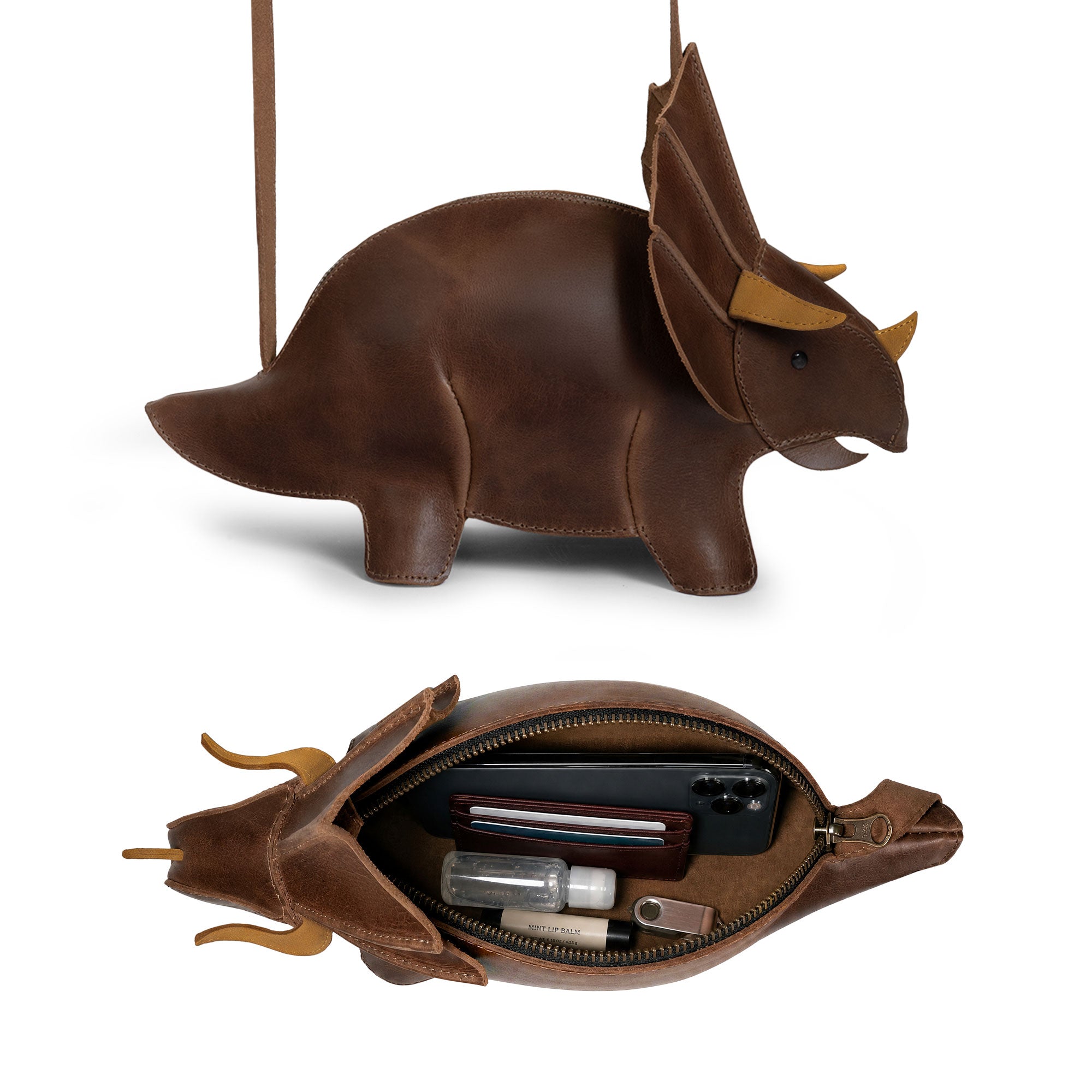 Leather Dinosaur Triceratops Crossbody Bag