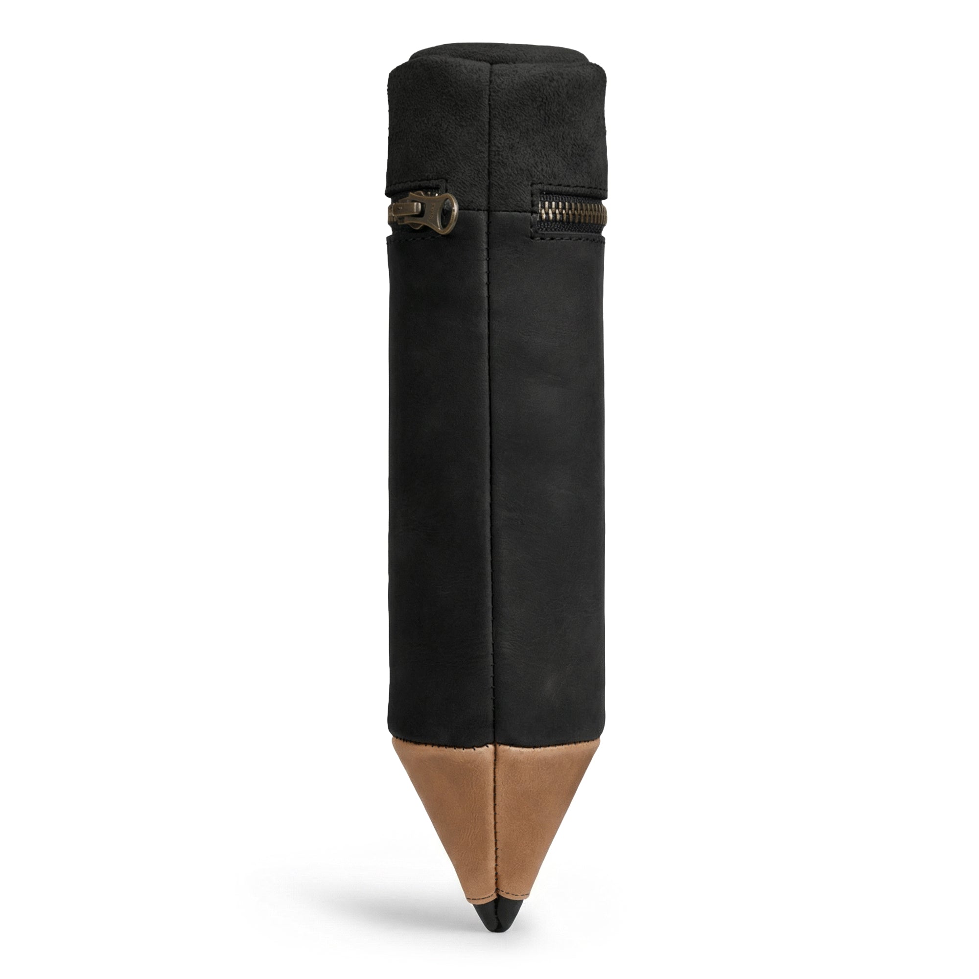 Elegant side view of the Pencil-Shaped Case from Hide & Play, showcasing its unique shape and durable full grain leather construction. This zippered bag is ideal for storing pens, pencils, markers, and office accessories, highlighting small batch production techniques.