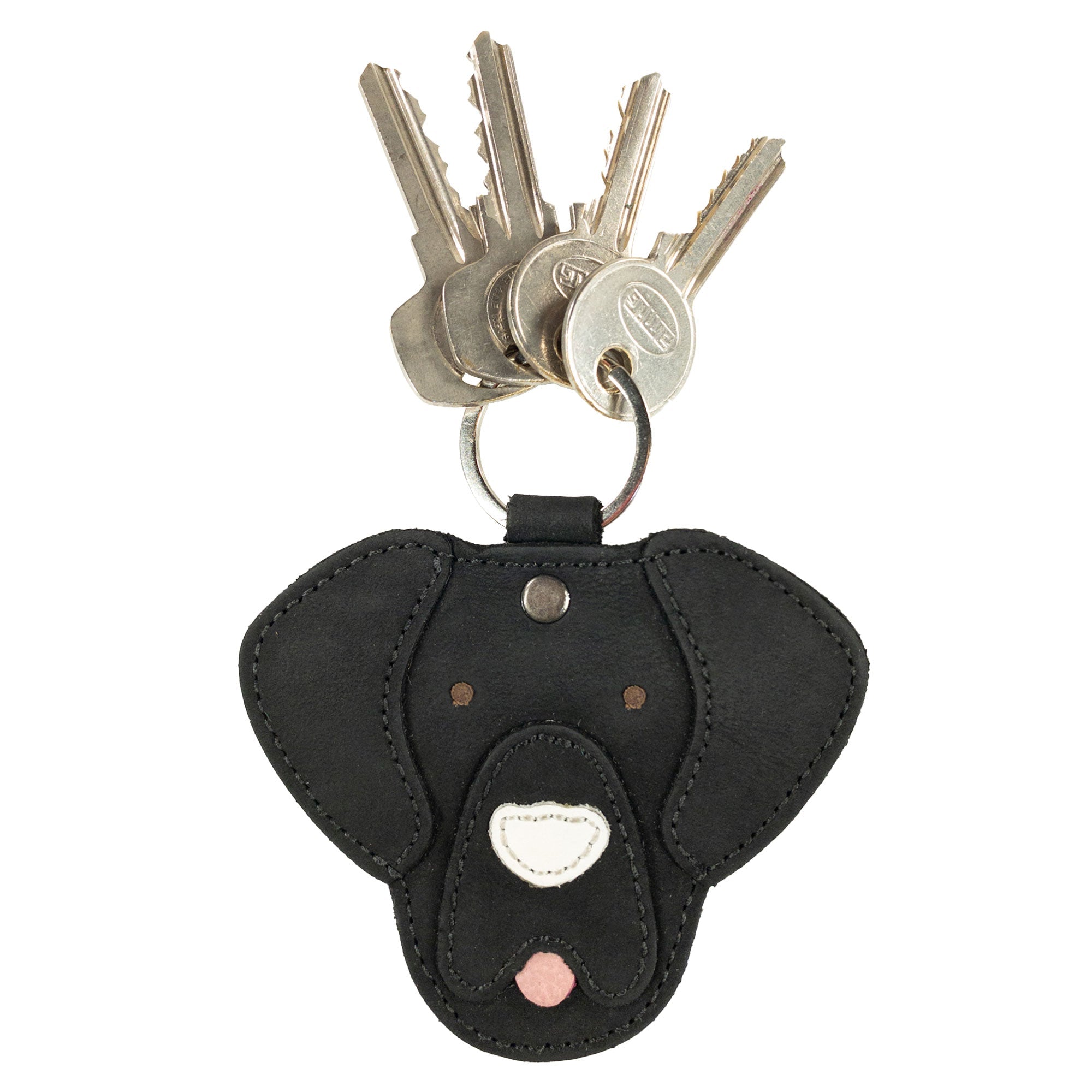 Labrador Dog Critter Keychain by Taco Dog in black, displaying keys and its cute design. Made from high-quality Full Grain Leather, this keychain is an artisan-crafted item, showcasing hand sewn details and small batch production for dog enthusiasts.