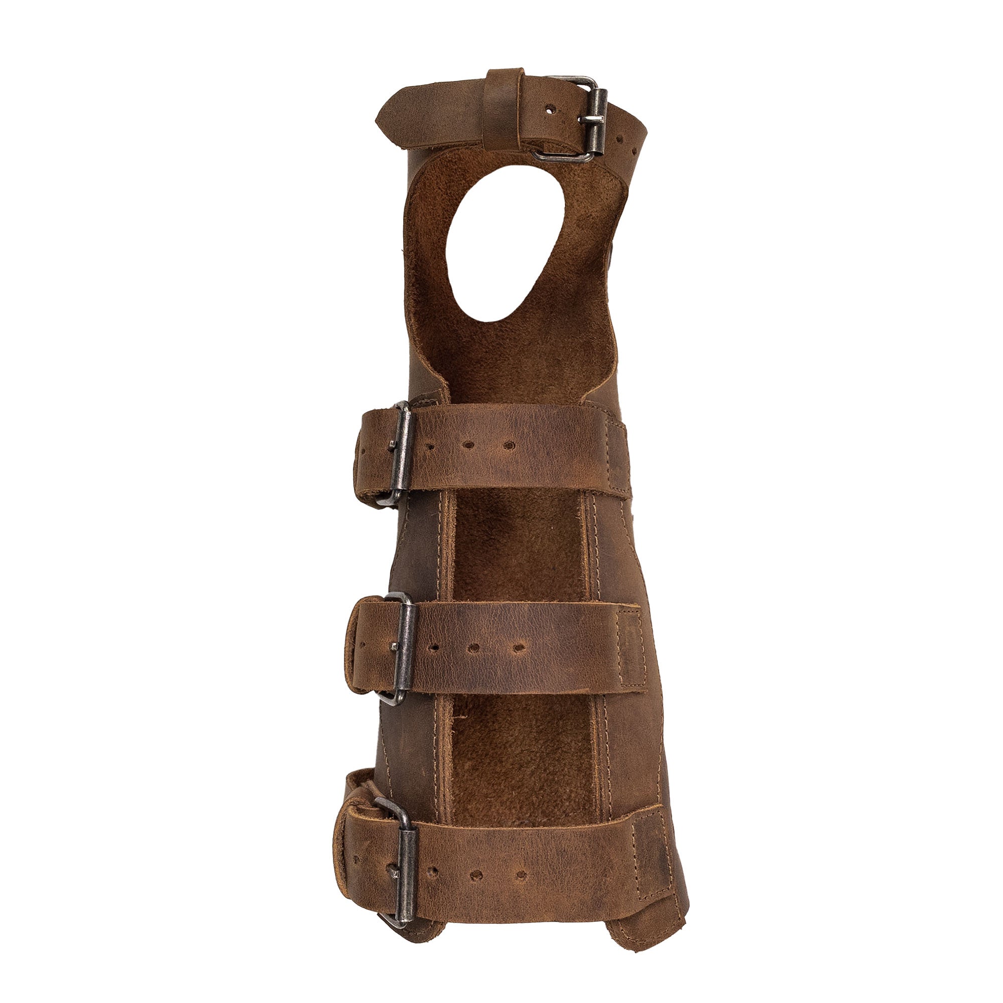Side view of the Archery Bracer with Thumb Slot by Valhalla Gear, designed for comfort and style. This forearm protector is made of durable full grain leather, featuring adjustable buckle straps making it perfect for cosplay. Each piece is artisan crafted in small batches for unique quality, with handmade details reflecting tradition.
