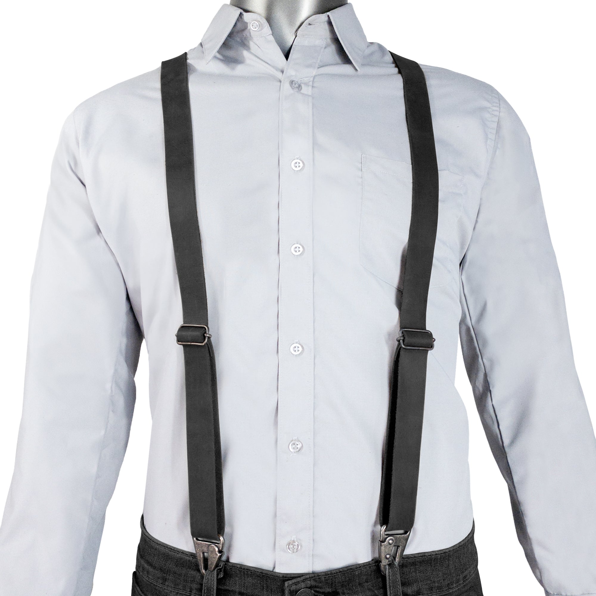 Front view of black Rustic Suspenders with Adjustable Size Straps for Men by Hide & Groom, showcasing Full Grain Leather. Perfect for weddings and Steampunk looks, these suspenders are handcrafted with care, embodying artisan quality and durability.