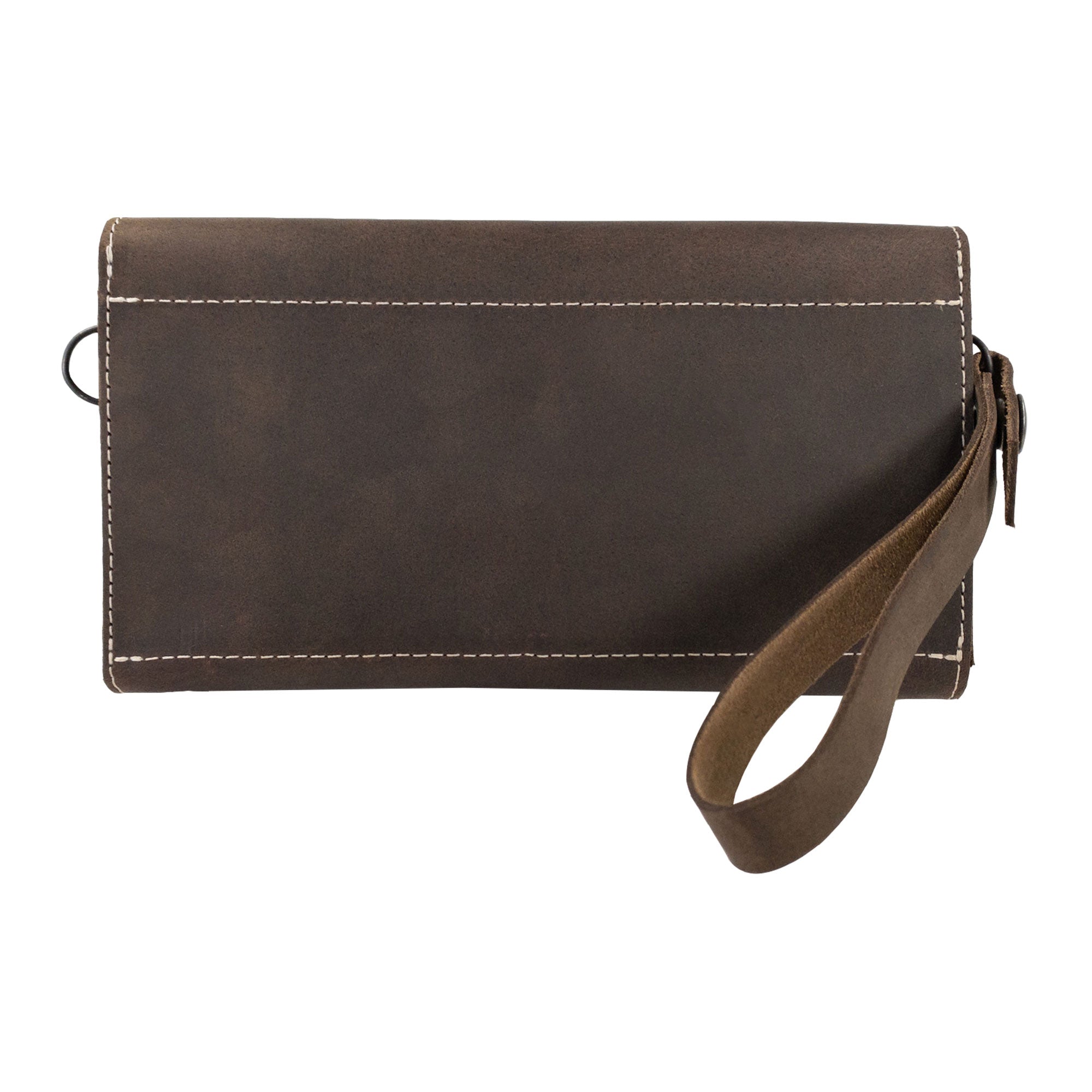 Back view of the Convertible Envelope Bag from Hide & Drink, highlighting the durable Full Grain Leather. This artisan-crafted Envelope Crossbody Bag exemplifies small batch production with its hand cut and hand sewn details, designed and made in La Antigua Guatemala & Oaxaca Mexico.