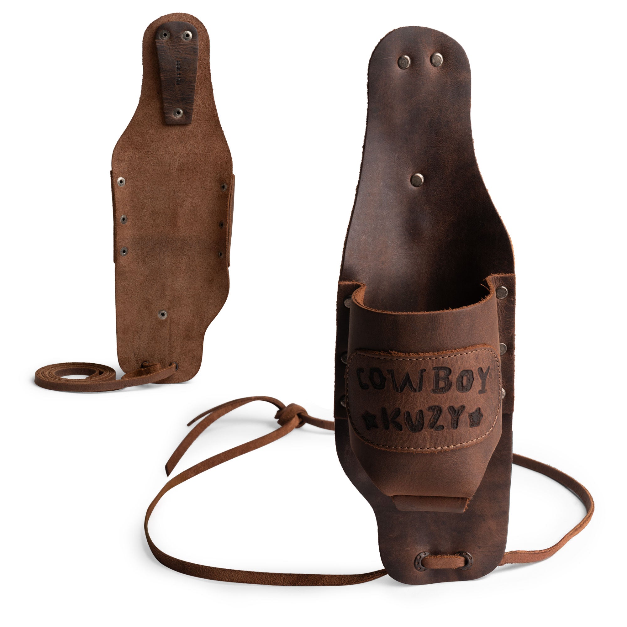 Hide & Drink Beer Holster Cowboy Buzy, a robust Beer Holster for Cowboy that doubles as a hands-free beverage holder. Perfect for any outdoor event, this Western Bottle Leg Grip is made from high-quality full grain leather, demonstrating small batch production, and artisan craftsmanship from La Antigua Guatemala.