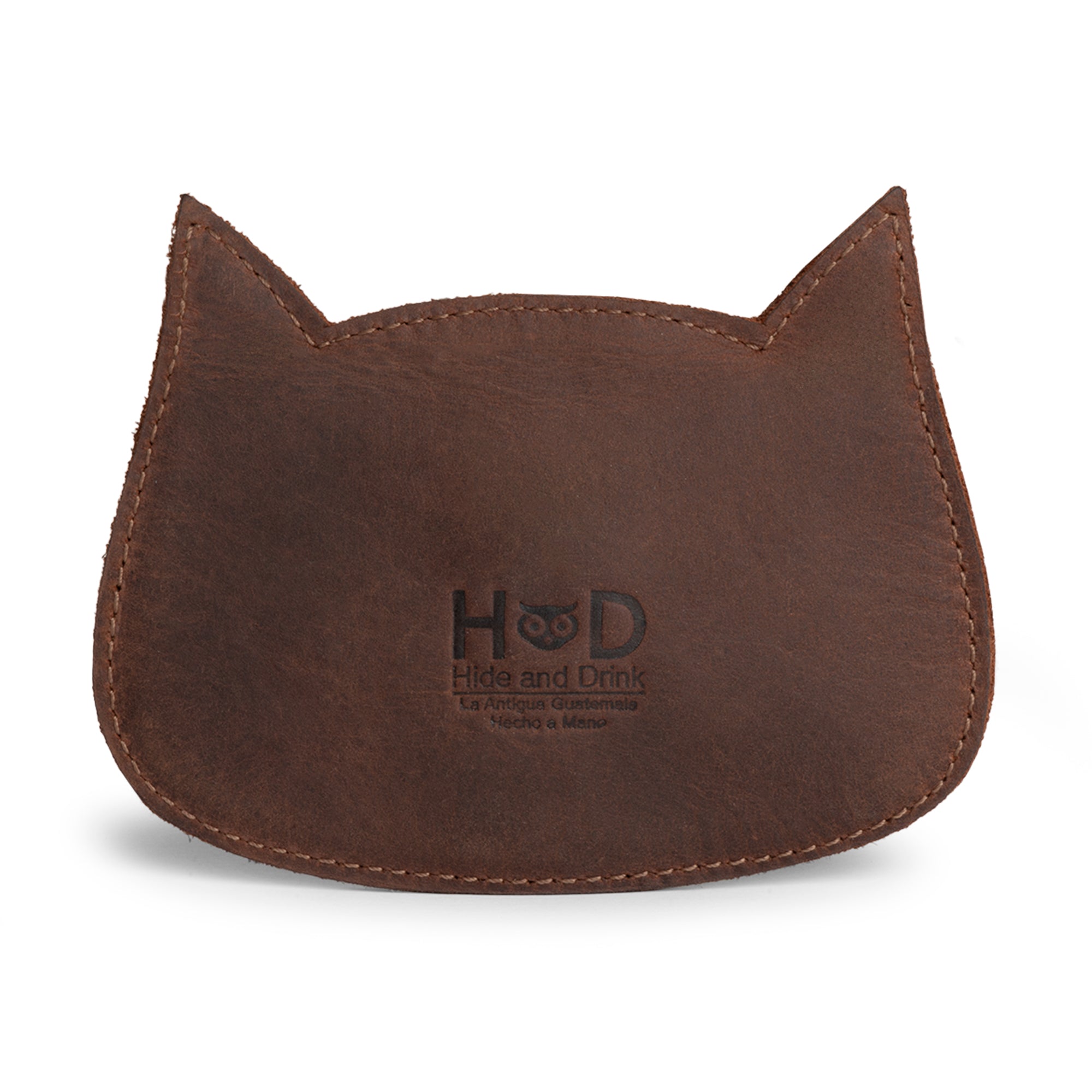 Hide & Drink Leather Cat Wallet featuring a rustic design in dark brown. This Full Grain Leather Cat-Shaped Wallet is perfect for use as a Coin Case and Bills Organizer, handmade by skilled artisans in La Antigua Guatemala & Oaxaca Mexico.