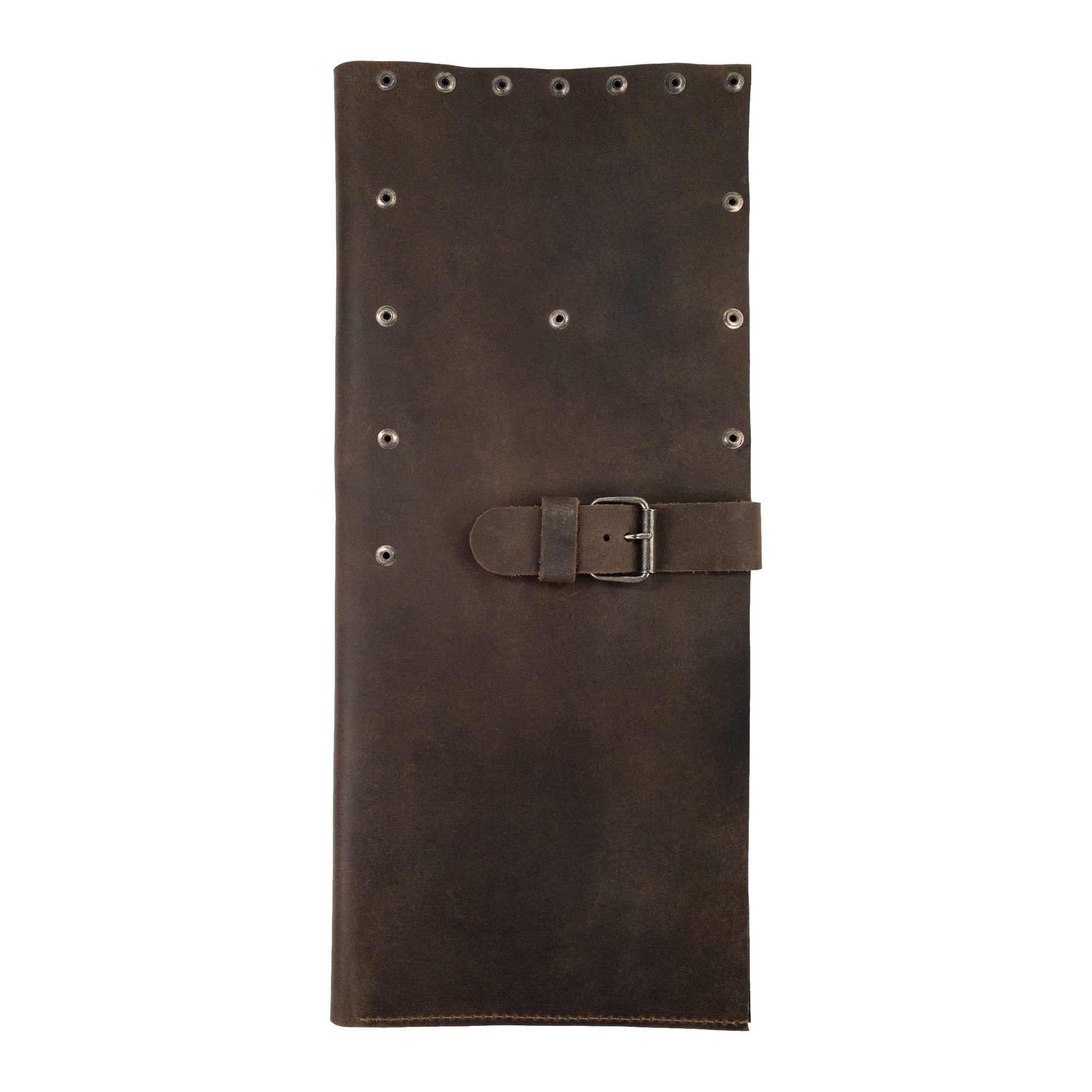 Riveted Chef Knife Case by Cast Leather Co., displayed in a vertically oriented view, emphasizing its sturdy full grain leather build. Ideal for culinary enthusiasts, this handmade artisan product integrates stockyardX small batch production, expertly made in La Antigua Guatemala & Oaxaca Mexico.