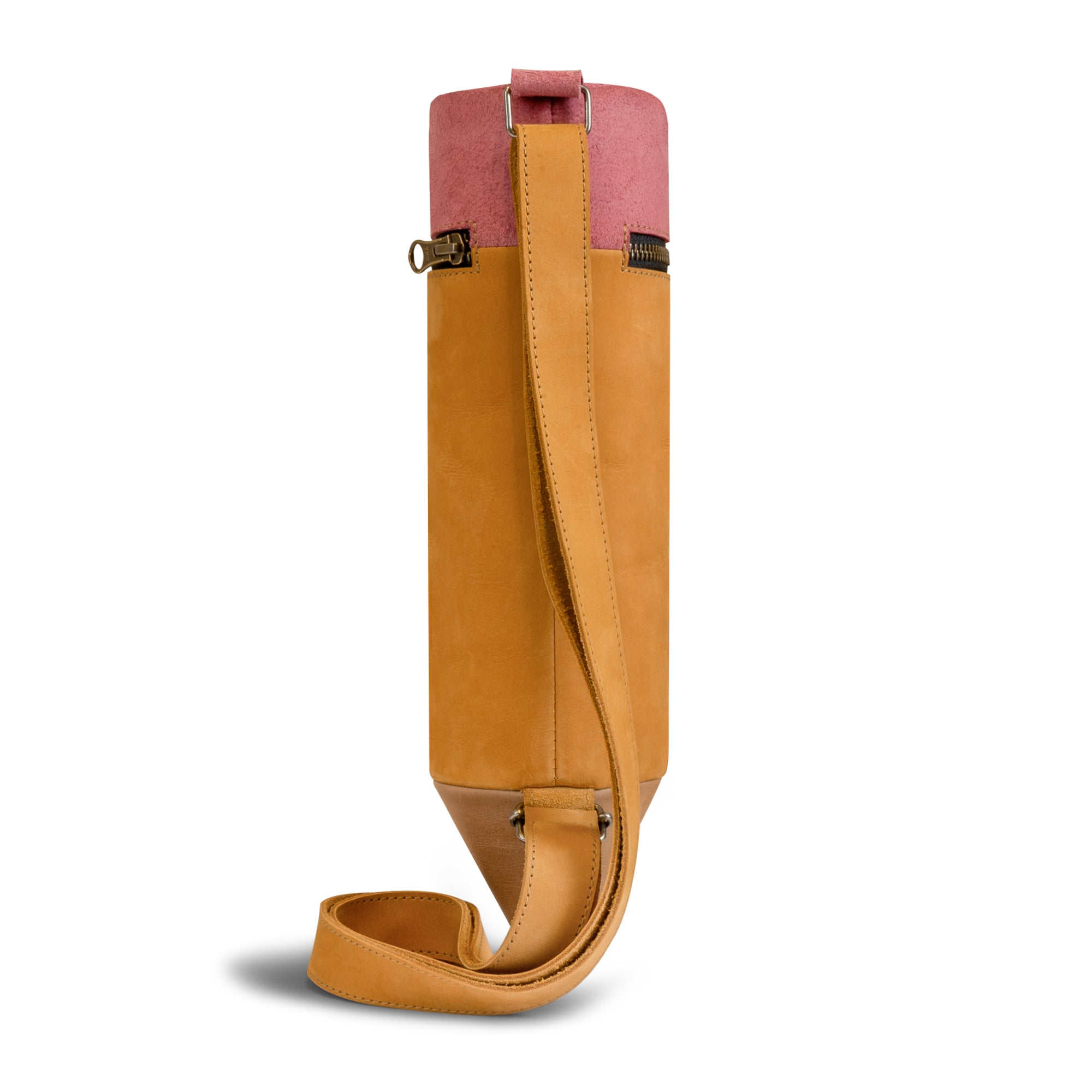 Back view of the Pencil-Shaped Crossbody Bag by Hide & Play, highlighting its full grain leather construction and adjustable strap. Perfect as a zippered sling bag or purse for both men and women, this bag is handcrafted in La Antigua Guatemala & Oaxaca Mexico.