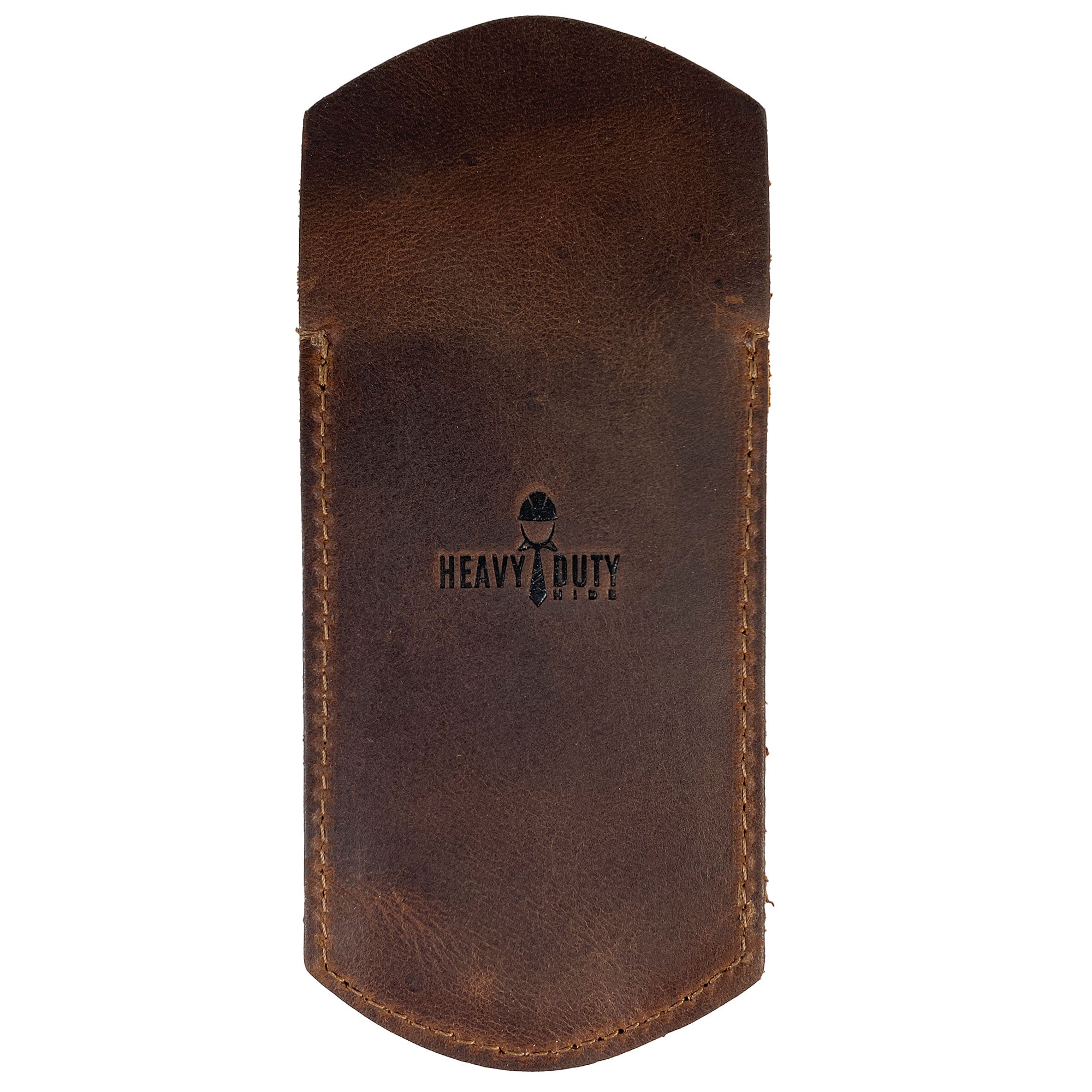 The reverse side of the Heavy Duty Hide Pen Pocket, showcasing durable full grain leather with a fire branded logo. This pen holder is great for organizing writing tools in shirt pockets, lab coats, and backpacks, combining functionality with artisan craftsmanship from La Antigua Guatemala. StockyardX offers this handmade addition to your office essentials.