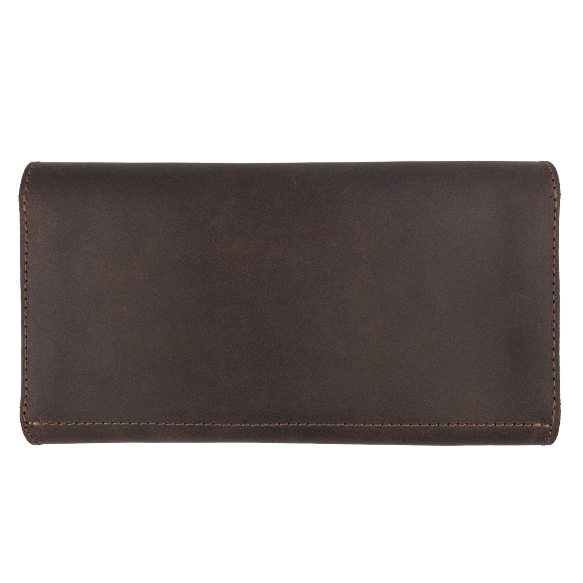 Back view of the Rustic Tri Fold Folio Wallet by Hide & Drink, highlighting the seamless design and soft leather texture. This Full Grain Leather piece is an excellent choice as a Minimalist Tri Fold Folio Wallet for Women, showcasing artisan craftsmanship with small batch production, hand cut, and hand sewn execution, proudly handmade in La Antigua Guatemala & Oaxaca Mexico.