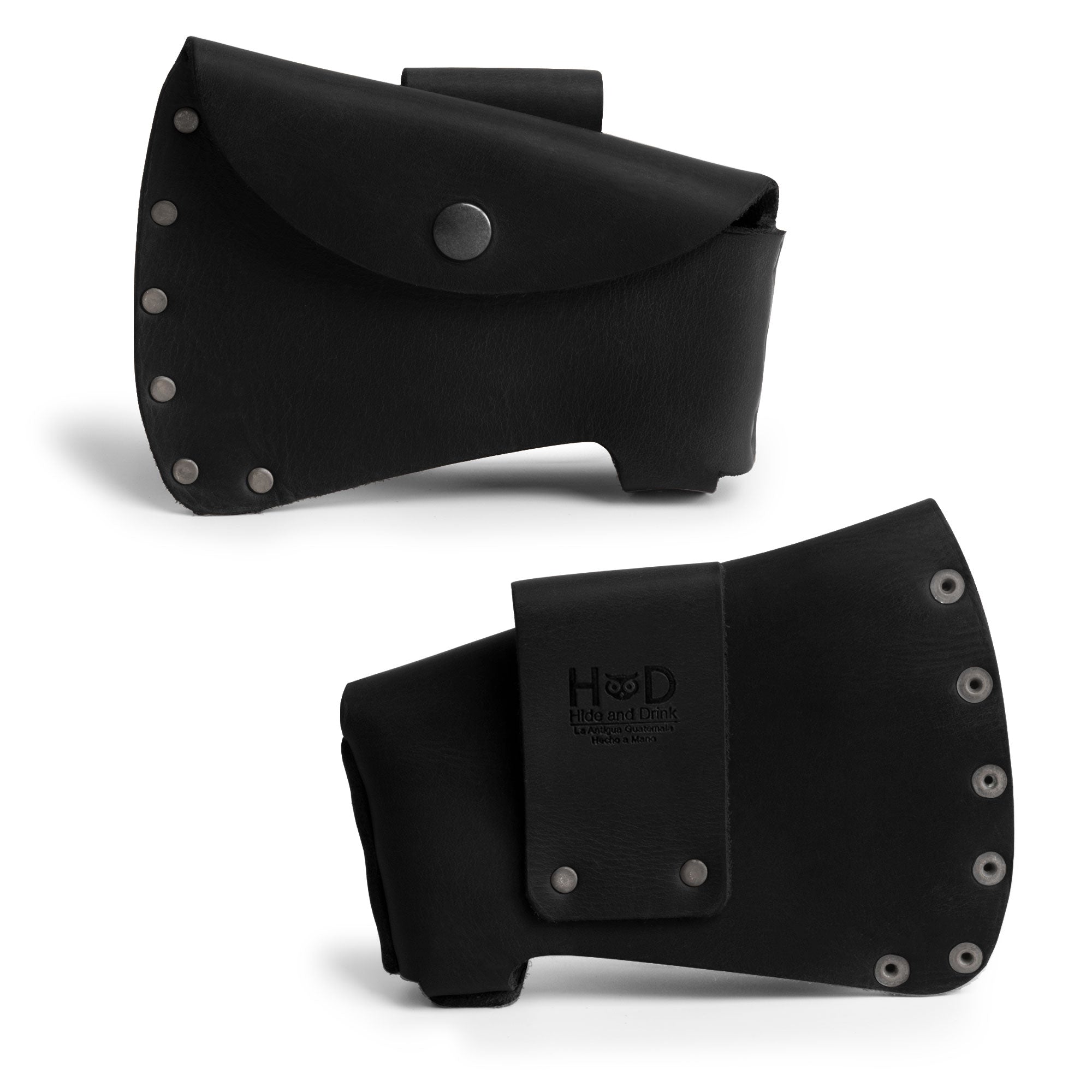 Hide & Drink Hatchet Head Sheath showcasing a black leather design, crafted to be the perfect axe head case and blade cover for lumberjack outdoors work. This artisan product is handmade using full grain leather in La Antigua Guatemala & Oaxaca Mexico.