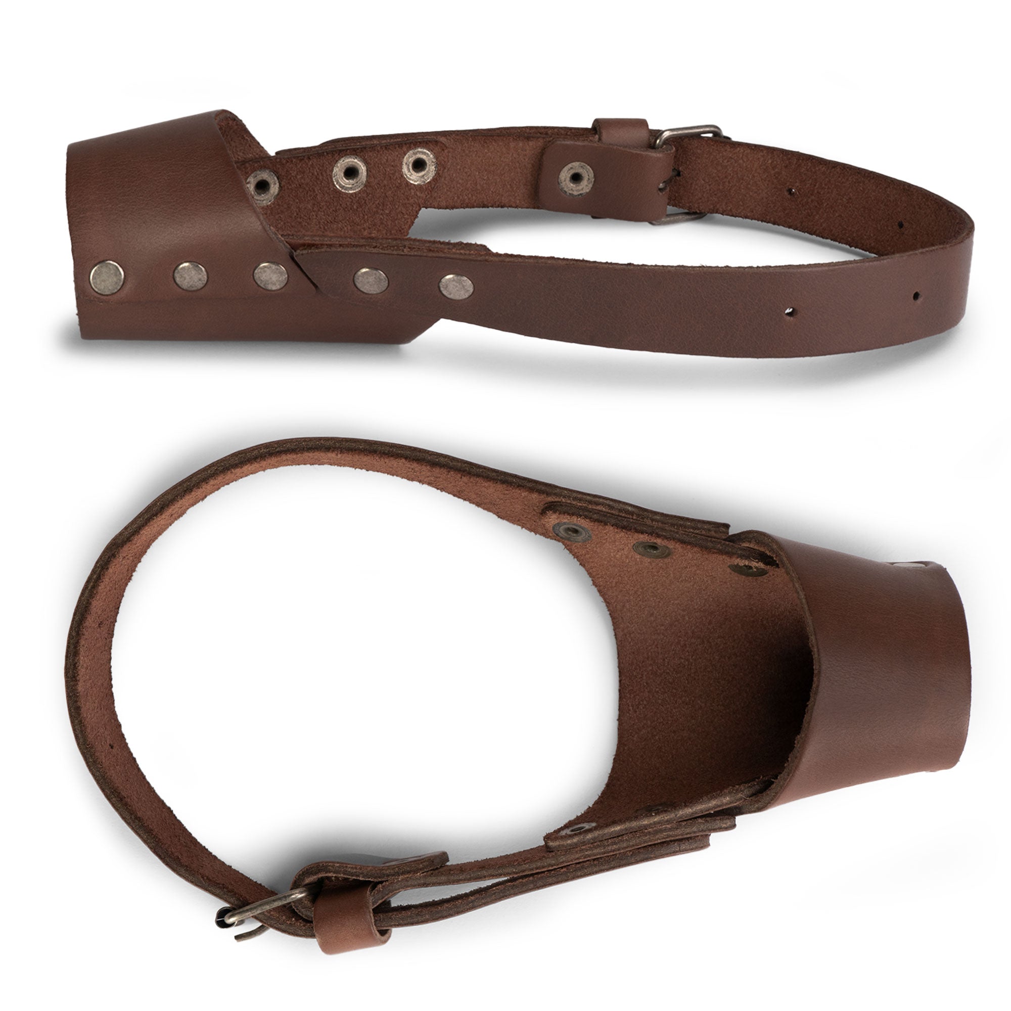 Close-up view of Taco Dog Dog Muzzle, beautifully crafted from full grain leather, designed to secure and safeguard your dog's mouth. Ideal for training, this Dog Muzzle guards against biting and chewing, showcasing small batch artisan craftsmanship.