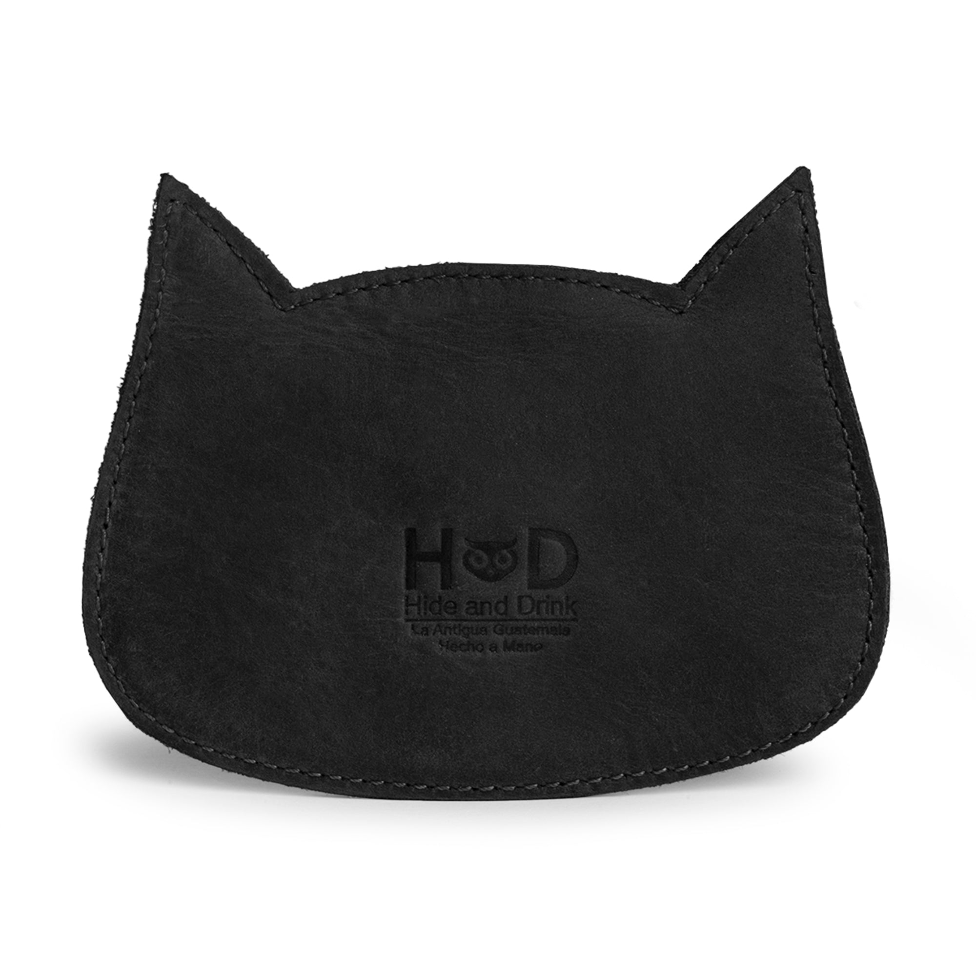 Hide & Drink Leather Cat Wallet presented with intricate stitching. This stylish Full Grain Leather Cat-Shaped Wallet is perfect for storing coins and money, handmade in La Antigua Guatemala & Oaxaca Mexico.