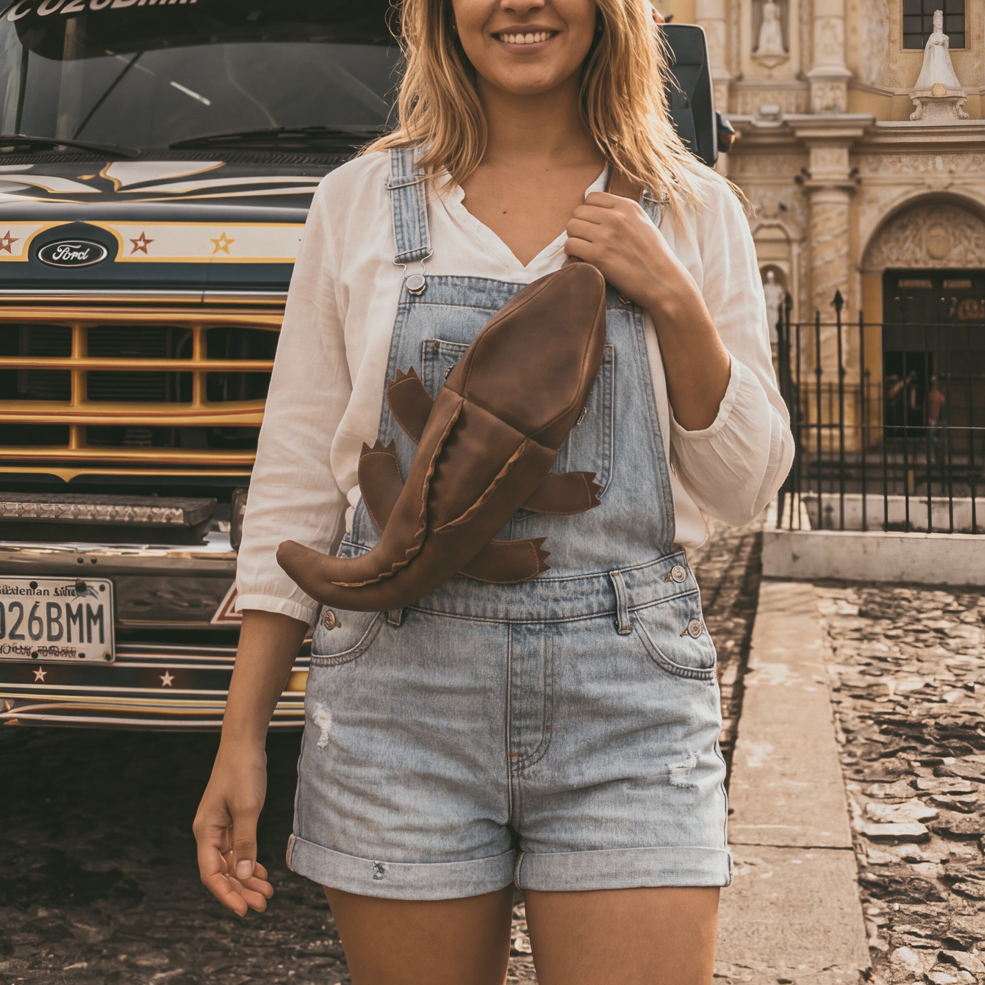 A person wearing the Crocodile-Shaped Crossbody by Tudi Frudi while leaning against a vintage truck. This stylish Messenger Bag doubles as a Shoulder Travel Bag, featuring a unique design made from Hand Cut and Hand Sewn Full Grain Leather, ideal for daily use or travel adventures.
