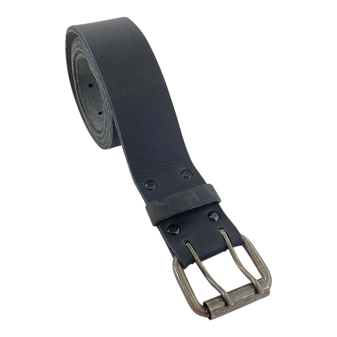 Holding the black Reinforced Double Prong Buckle Belt by Hide & Drink, showing the rustic buckle design. This belt is 1.5 in. wide and made of full grain leather, reflecting stockyardX craftsmanship through small batch production, detailing hand cut, hand sewn, and fire branded artisan techniques, made in La Antigua Guatemala & Oaxaca Mexico.