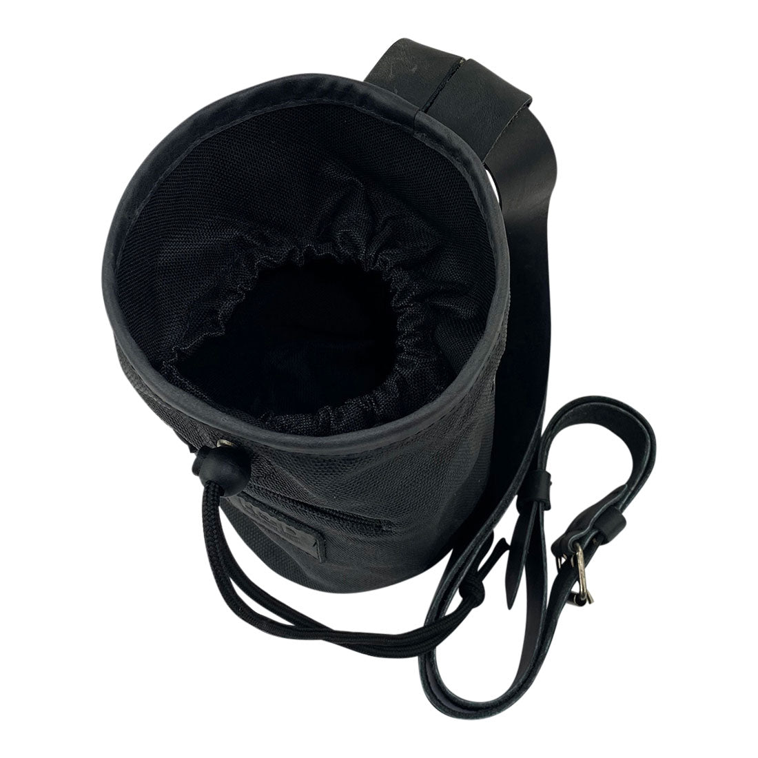 Hide & Drink Chalk Bag from the top, designed for easy access, made with Waxed Canvas and Full Grain Leather. Ideal for rock climbers and gymnasts, this artisan piece includes a zippered pocket and is handmade in La Antigua Guatemala & Oaxaca Mexico.
