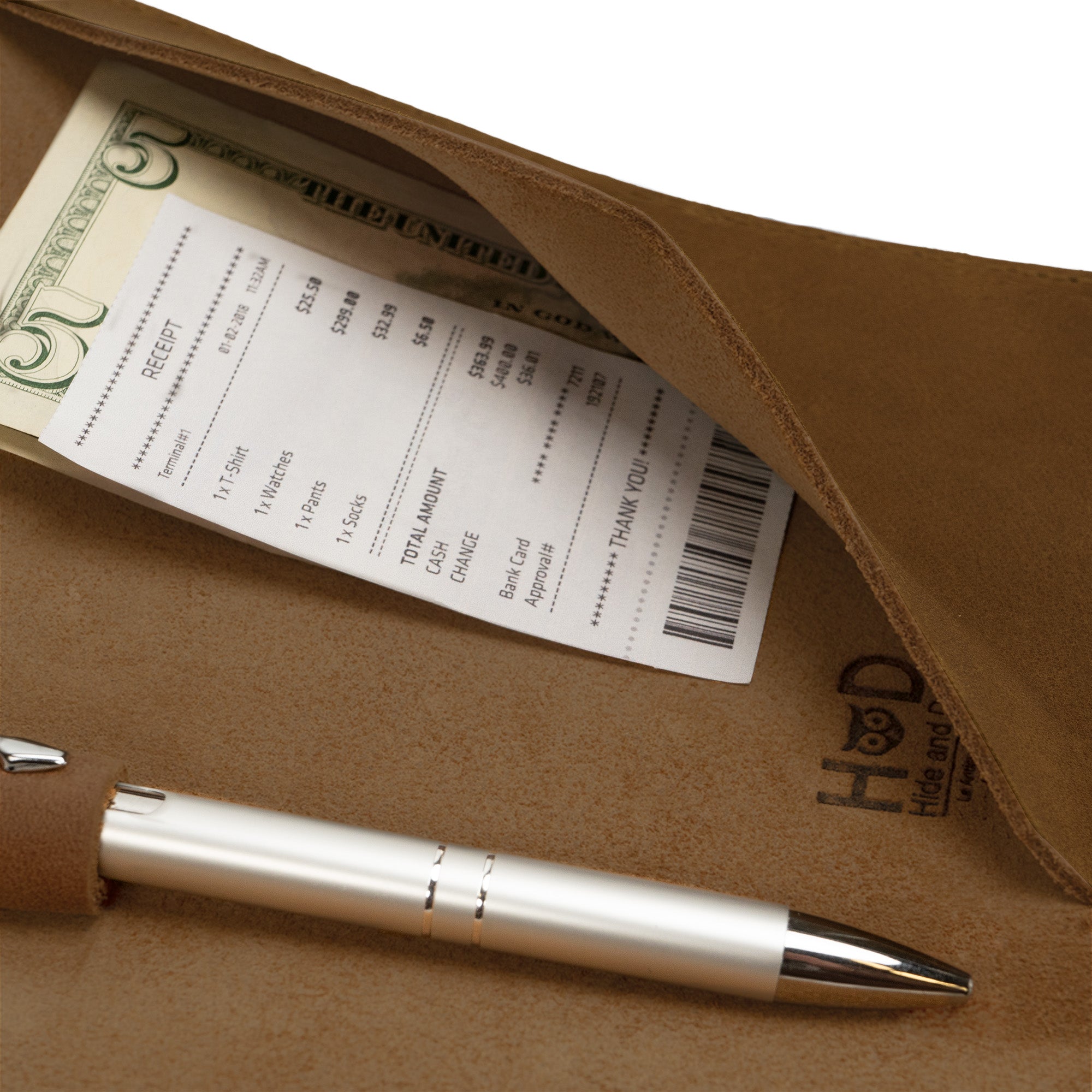 Close-up of the pen slot in the Bifold Check Presenter With Pen Slot by Hide & Drink, highlighting its utility and stylish design. A must-have for organizing receipts in dining establishments. Bifold Check Presenter with Pen Slot for Restaurant & Cafe Accessories, Western Bill Holder, Full Grain Leather, Handmade Waiter and Waitress Accessory, Small Batch Production, Hand Cut, Hand Sewn, Fire Branded, Artisan, Handmade in La Antigua Guatemala & Oaxaca Mexico.