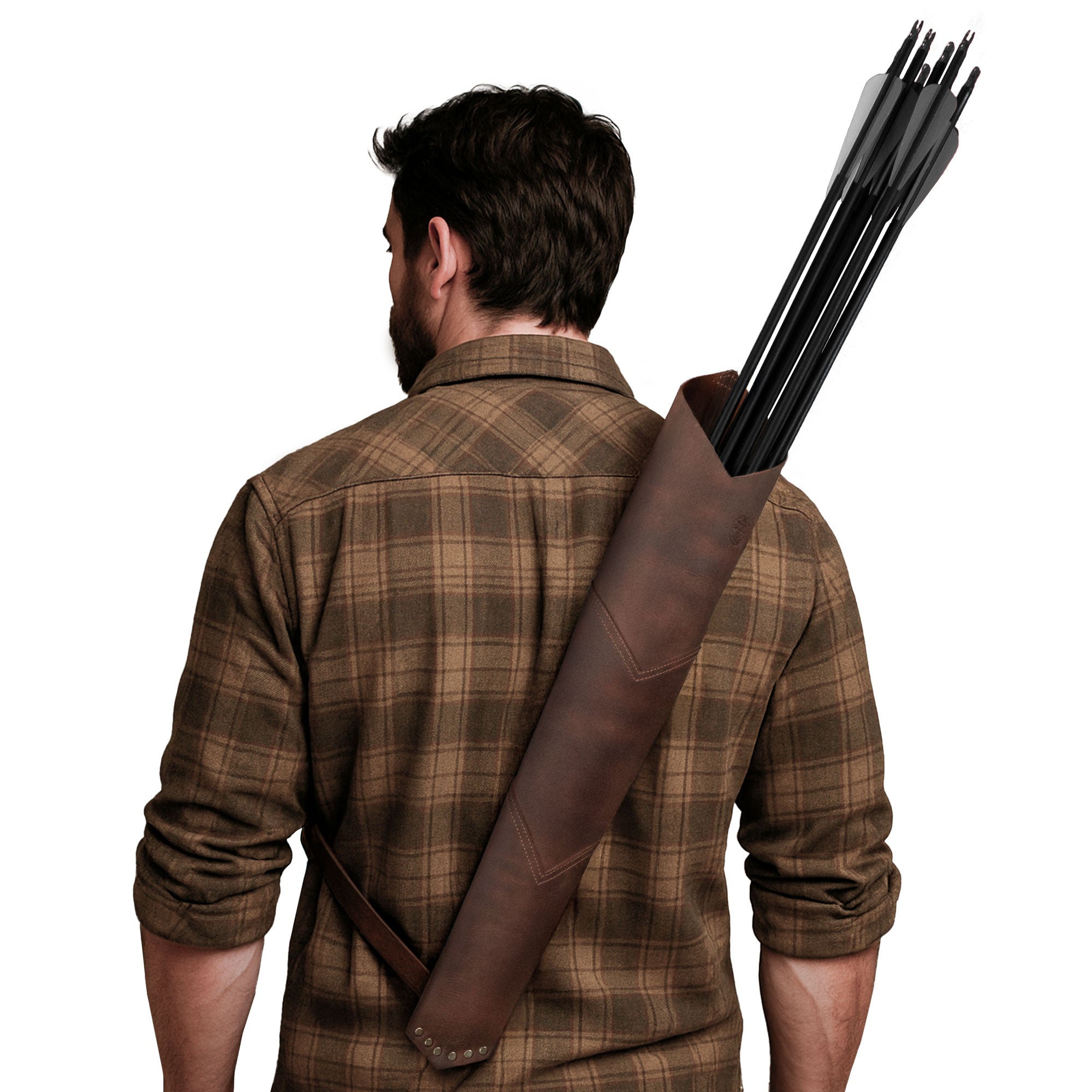 An individual using Valhalla Gear's Back Quiver, showcasing its rustic design and full grain leather construction. This versatile vintage holder for shooting practice and training is handmade in La Antigua Guatemala, offering durability through expert hand cut and hand sewn techniques. Perfect for archery enthusiasts.
