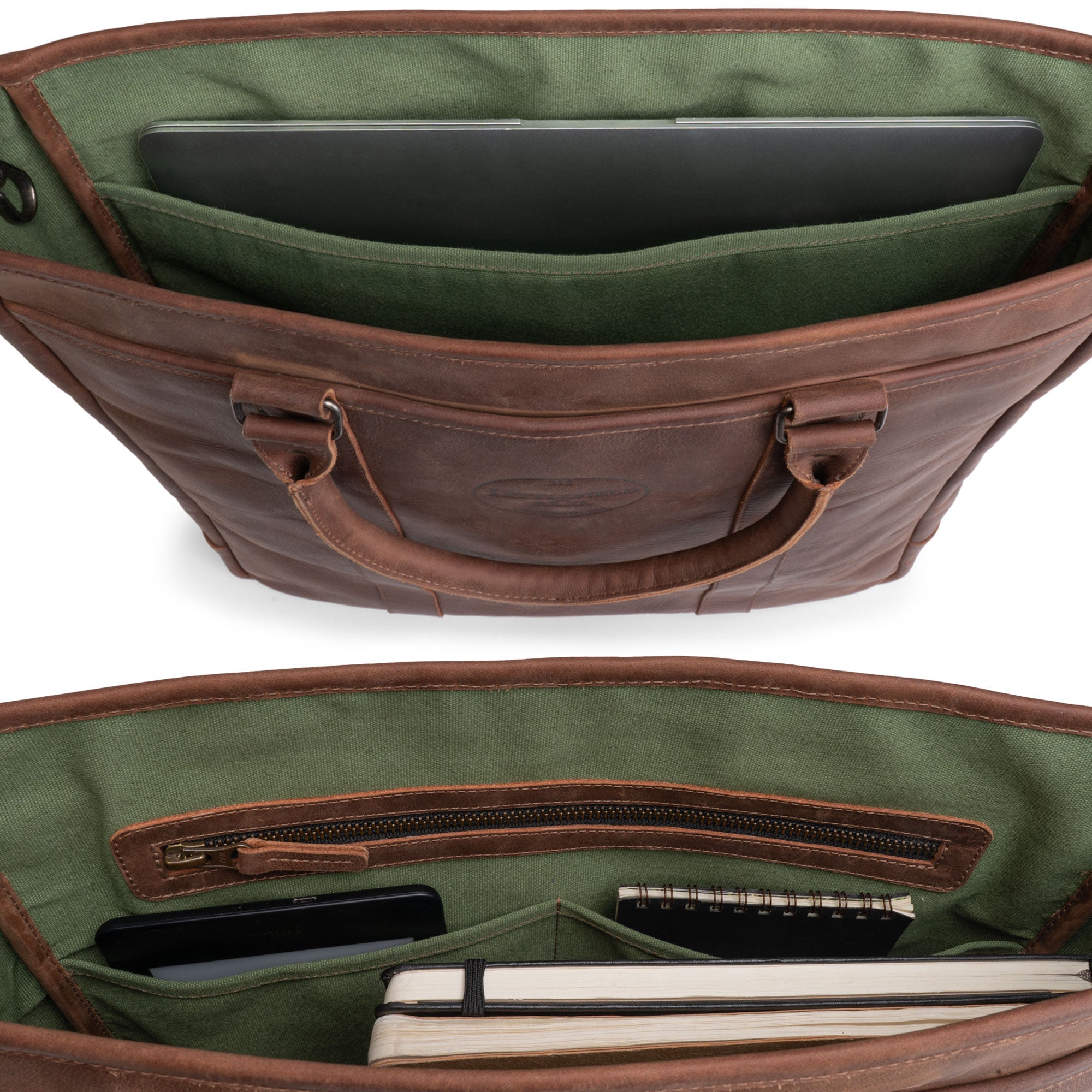 Inside the Littlefield & Co. Vintage Tote Vertical Briefcase & Laptop Carrier displaying its spacious and organized compartments, made from full grain leather. This artisan bag is perfect for easy access to essentials for work and travel, showcasing small batch production methods, hand cut and hand sewn craftsmanship.