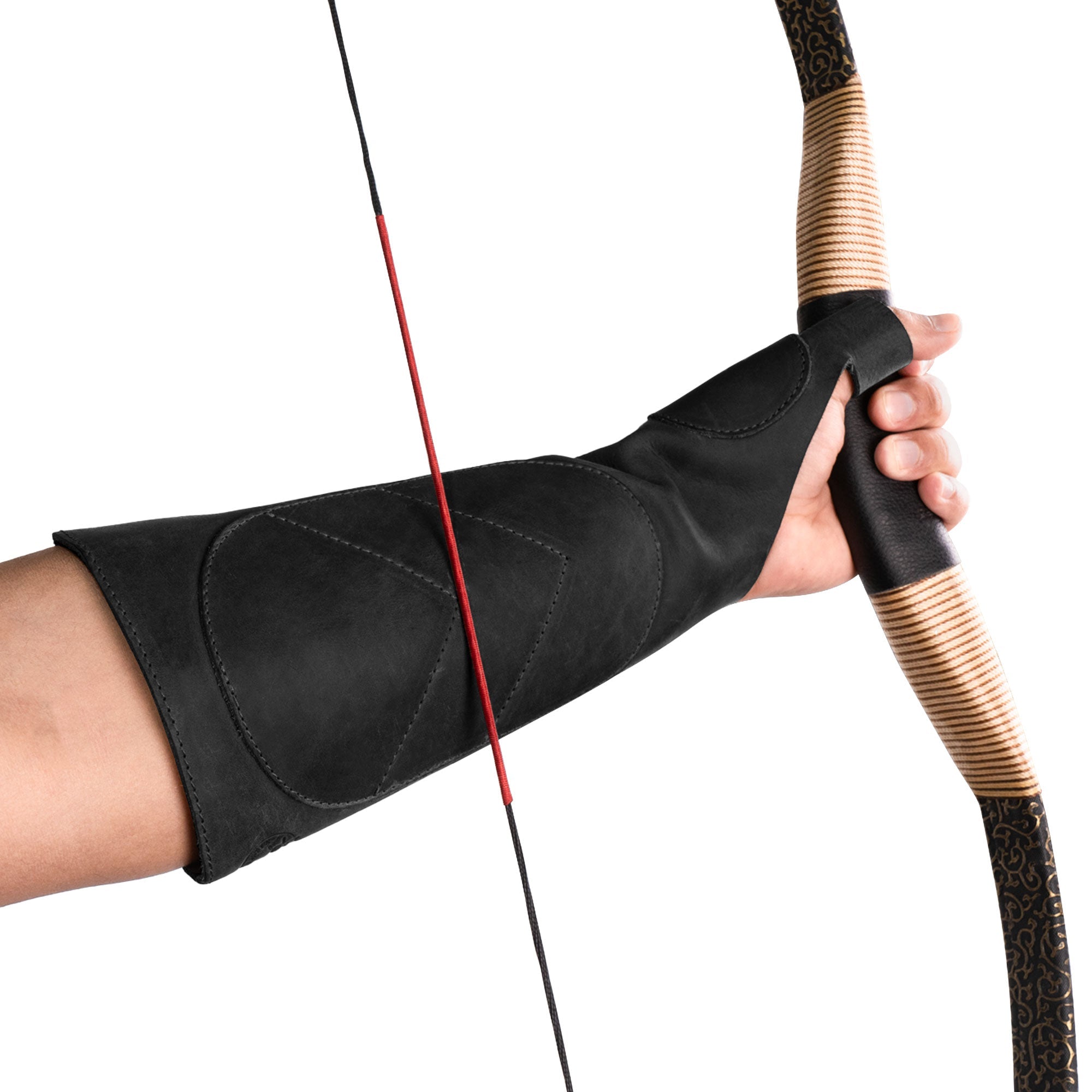 An archer using the black Forearm Guard for Archers by Valhalla Gear, providing a clear visual of arm protection during archery. This durable bow archery sleeve is crafted from full grain leather, making it an excellent choice for protective bracers.