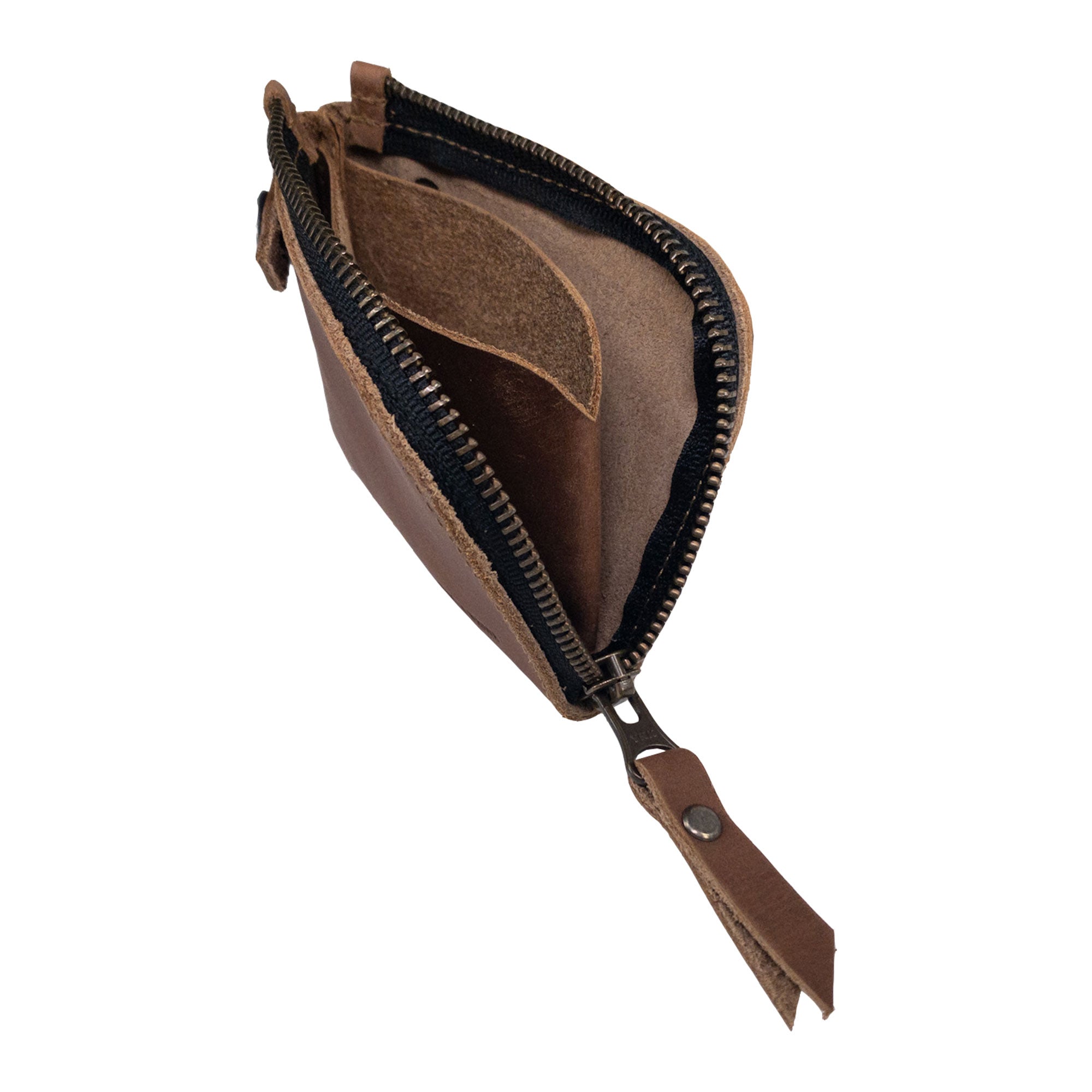 Stylish profile of the Lion's Mane Zippered Wallet by Hide & Drink, made of durable leather, ideal for storing cards, coins, and cash.