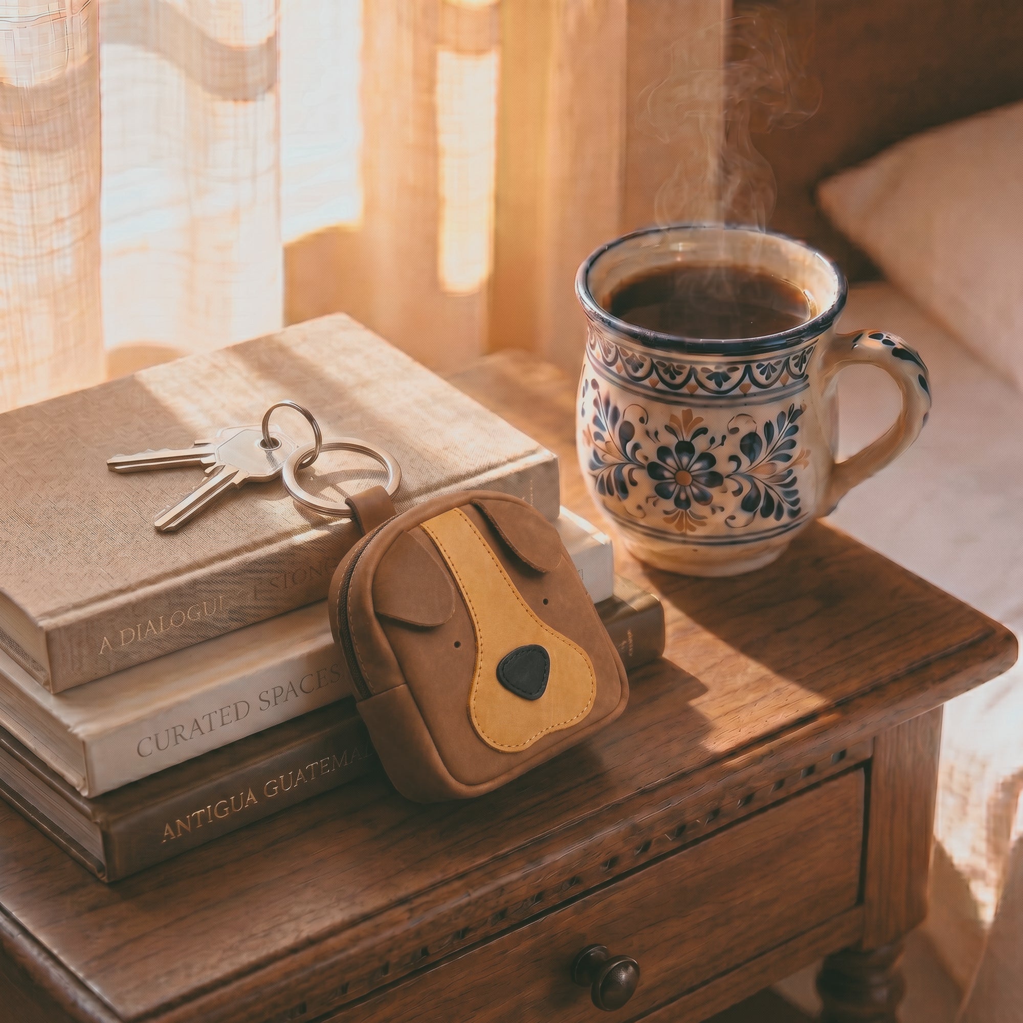 The Pouty Pup Mini Pack by Hide & Drink sits adorably on a wooden table next to a steaming coffee mug, perfectly serving as a mini backpack coin purse. This handmade case combines full grain leather craftsmanship from La Antigua Guatemala, ideal for holding keys or small items in a stylish way.