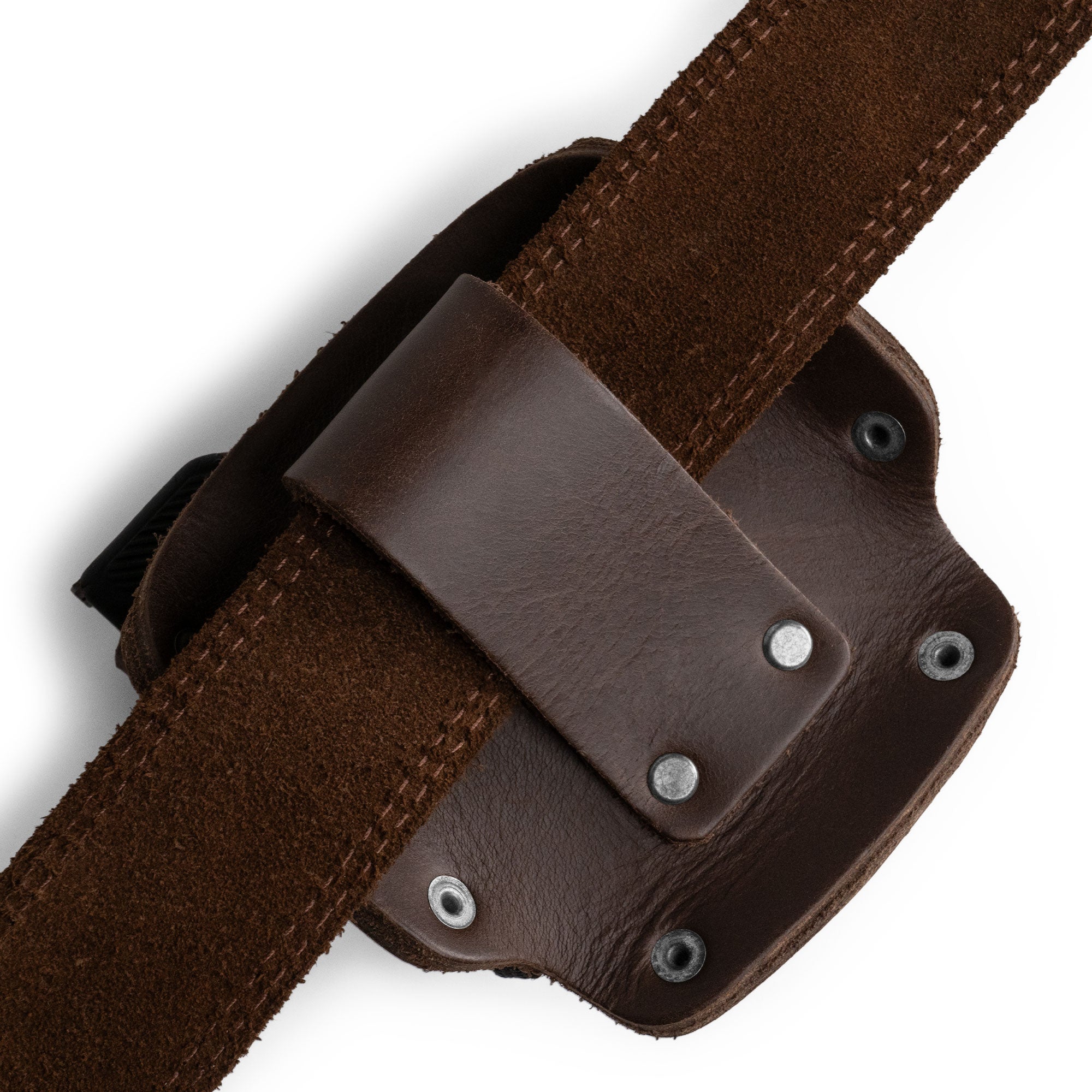 Close-up of Hide & Drink's Large Tape Holster showcasing its artisan handmade quality with a soft suede leather touch. A perfect companion for any Large Tape Measure user, crafted with care in La Antigua Guatemala.