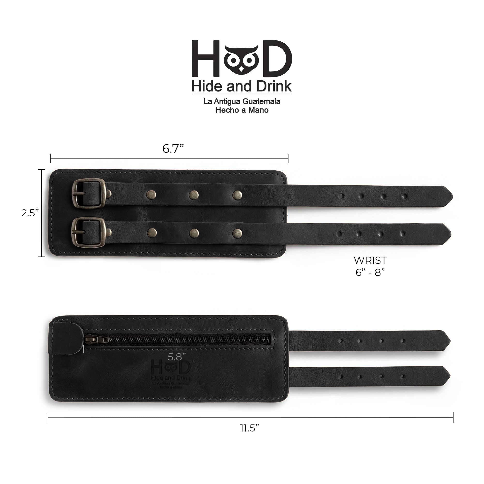 An enticing view of Hide & Drink's Wrist-Wallet-Cuff, embodying the elegance of Full Grain Leather. This rustic leather bracelet offers both a hidden pouch for bills and an inner zippered pouch, combining style with practicality. Each piece is handmade in La Antigua Guatemala & Oaxaca Mexico, showcasing unique artisan craftsmanship.