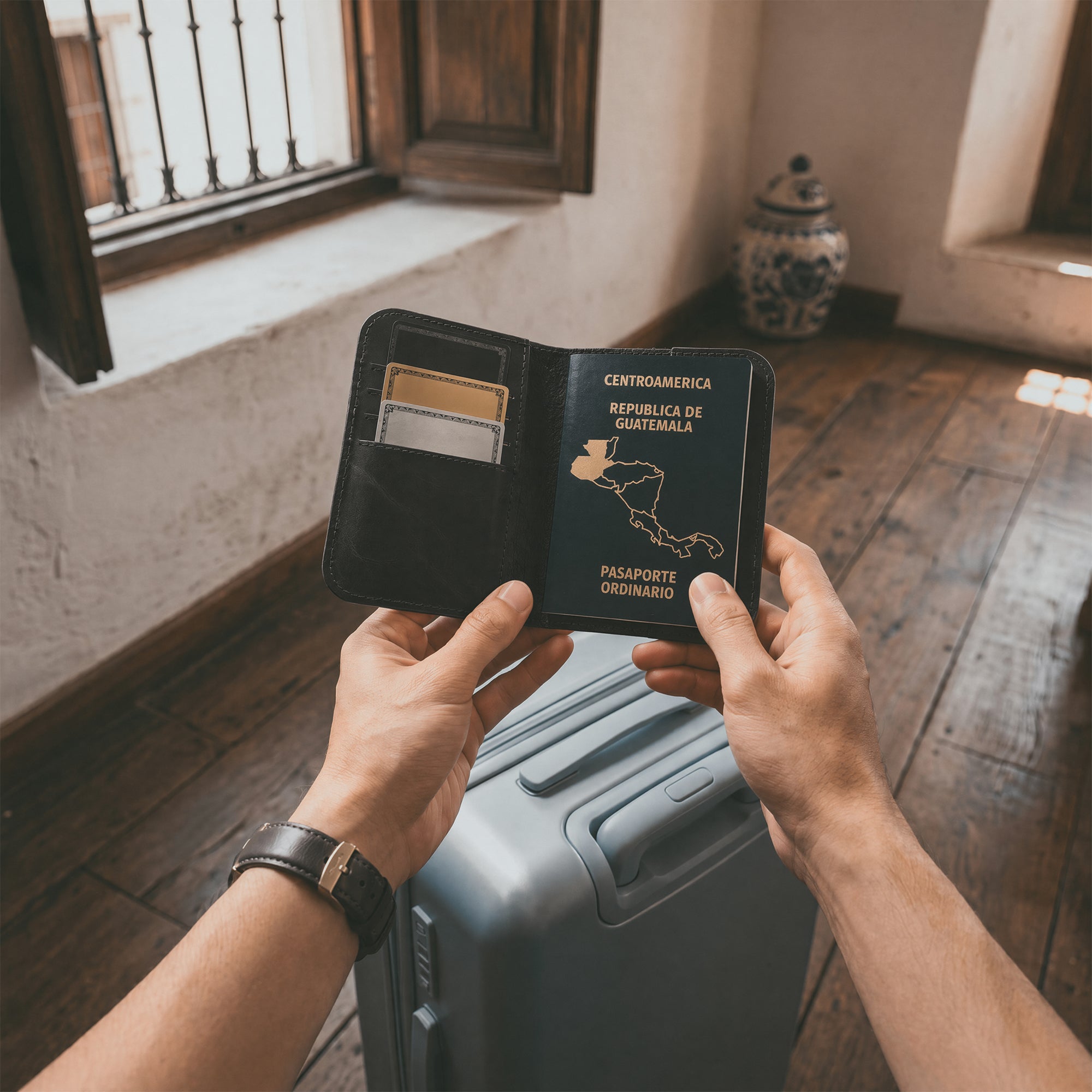 Inside view of the Hide & Drink Travel Wallet, featuring practical slots for cards and cash. This travel wallet acts as a stylish bifold passport case, artisan-made in La Antigua Guatemala.