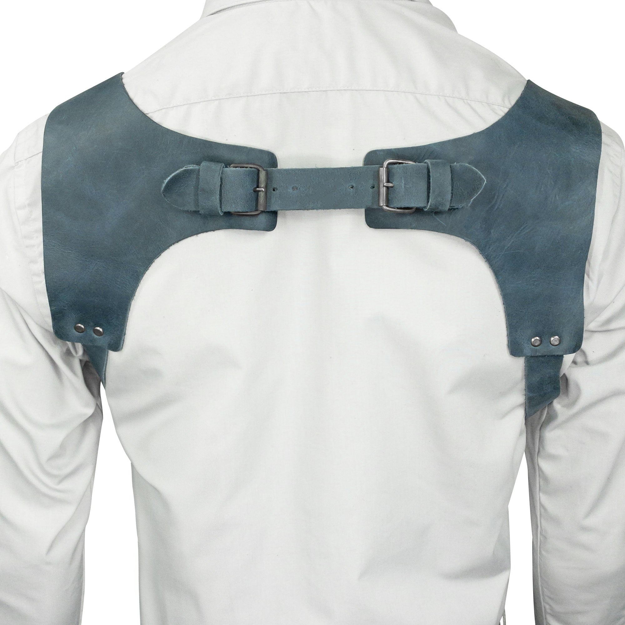 Back view of dusty blue Renaissance Suspenders by Hide & Drink, showing premium leather quality. These suspenders serve as a back support harness for men, perfect for stylish groomsmen.