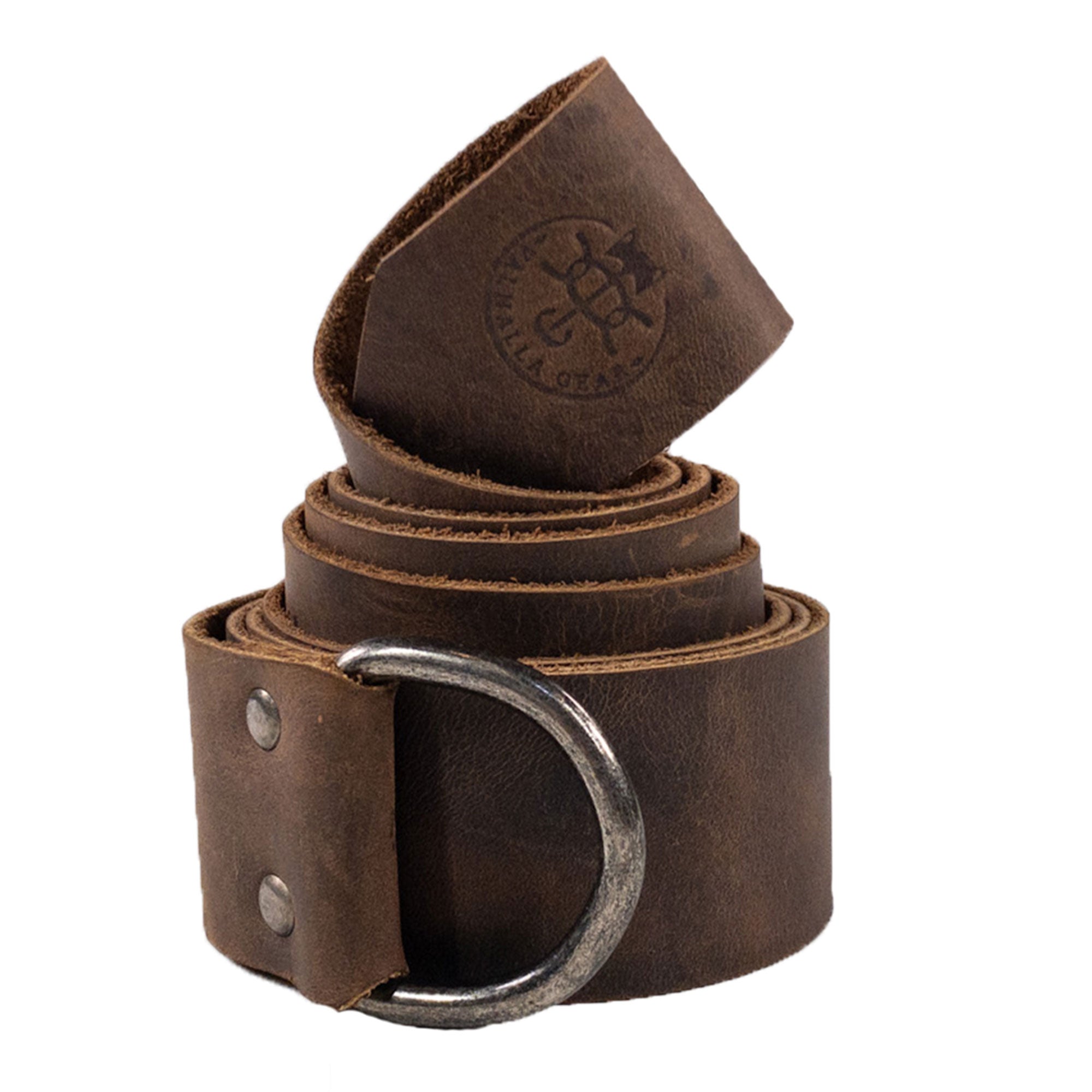 Rolled view of Valhalla Gear's Leather Medieval Belt, emphasizing its exquisite Full Grain Leather and half-ring buckle. This Medieval Knight Belt for Men is ideal for Renaissance festivals, cosplay, or costume parties. With small batch production techniques and artisan craftsmanship from La Antigua Guatemala, this stylish waist accessory captures the essence of Viking heritage.